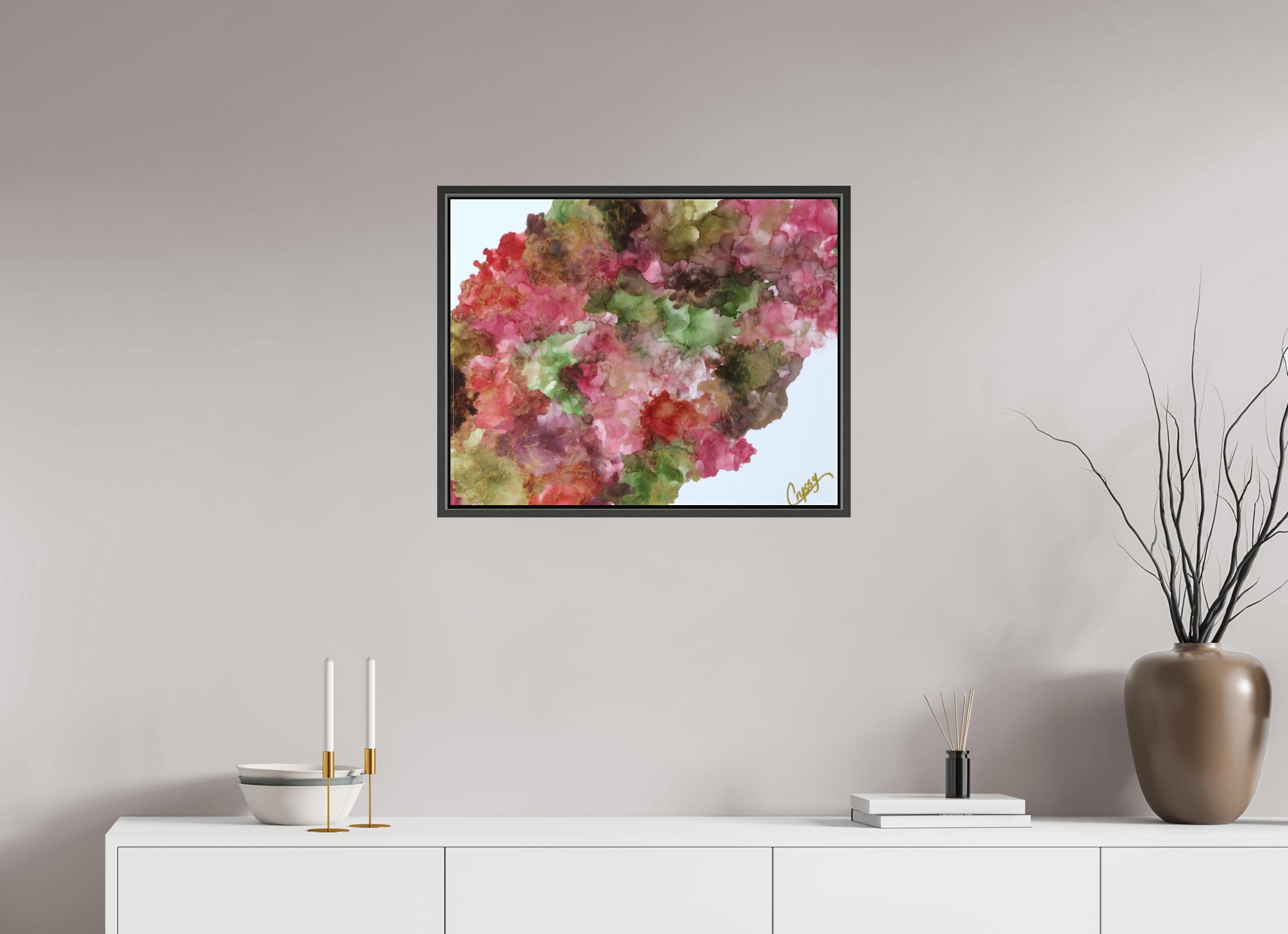 25.4 x 20″, *.7" Matte Canvas with Black Oak Frame Floral Density