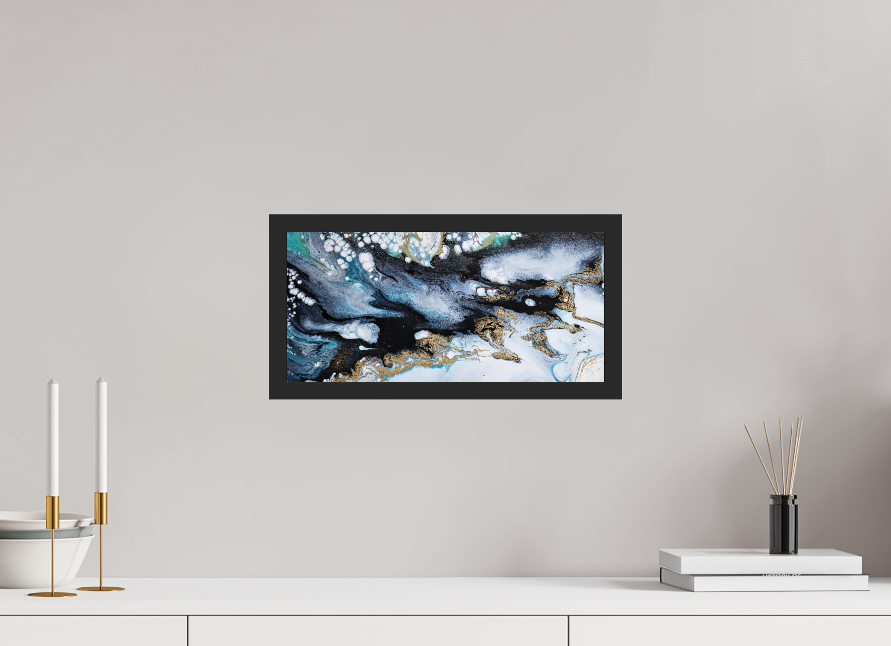 16.2 x 8″, *Photo Print Under Acrylic Glass Black Matte Frame Ocean Blues - Original Acrylic Tip Pour