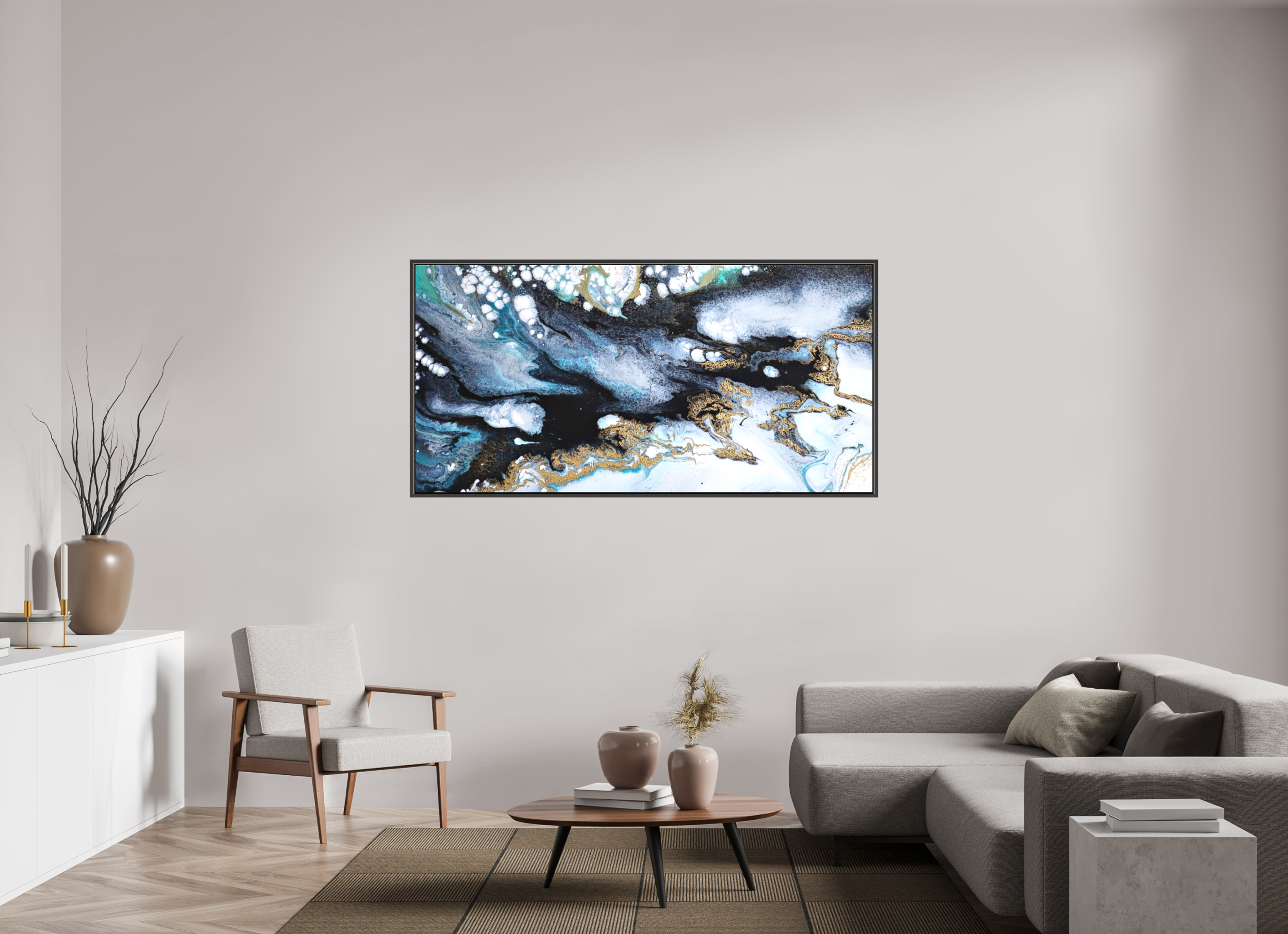 70.9 x 35″, *.7" Matte Canvas with Black Oak Frame Ocean Blues - Original Acrylic Tip Pour