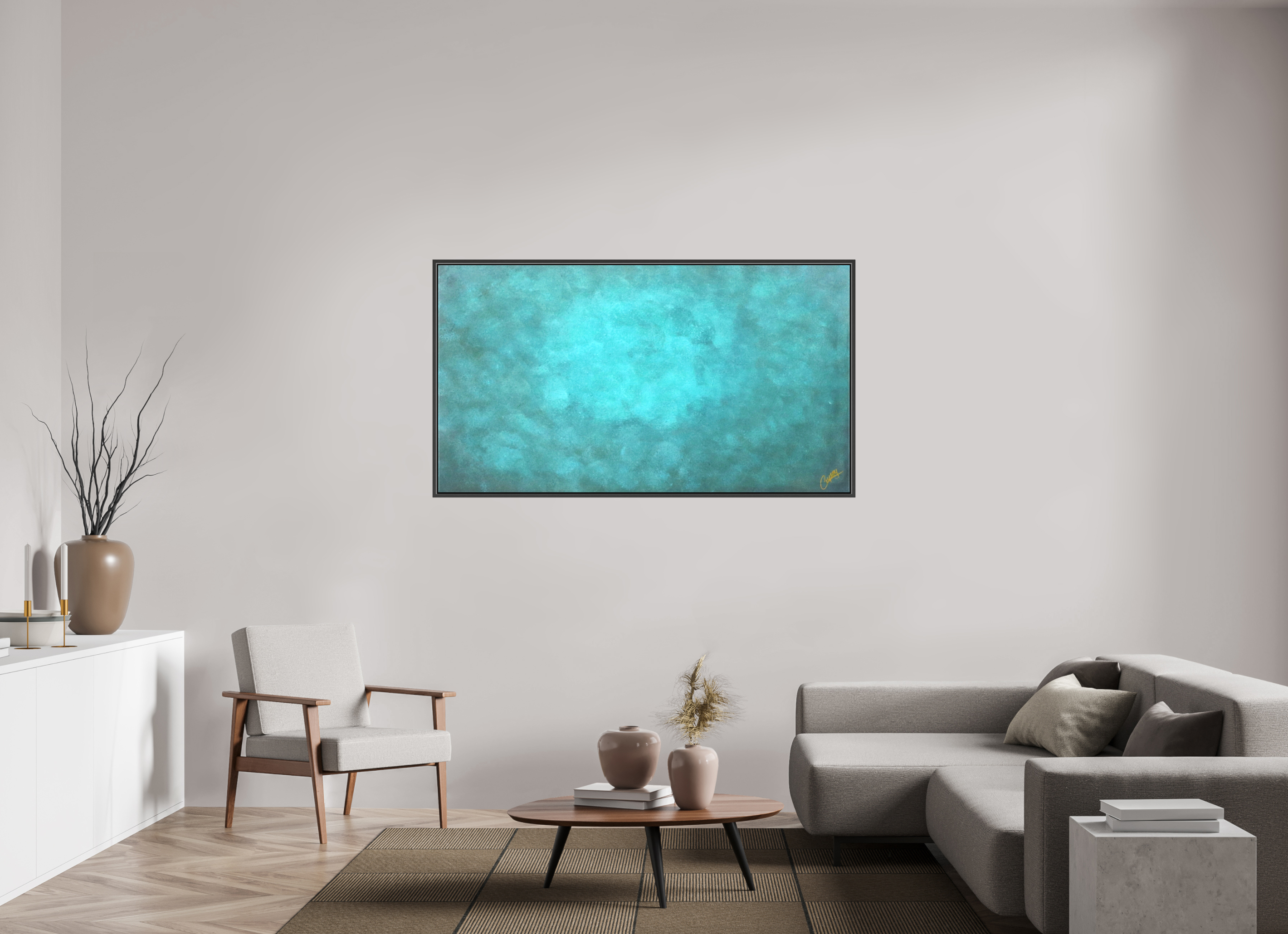 63.8 x 35″, *.7" Matte Canvas with Black Oak Frame Emerald Fade