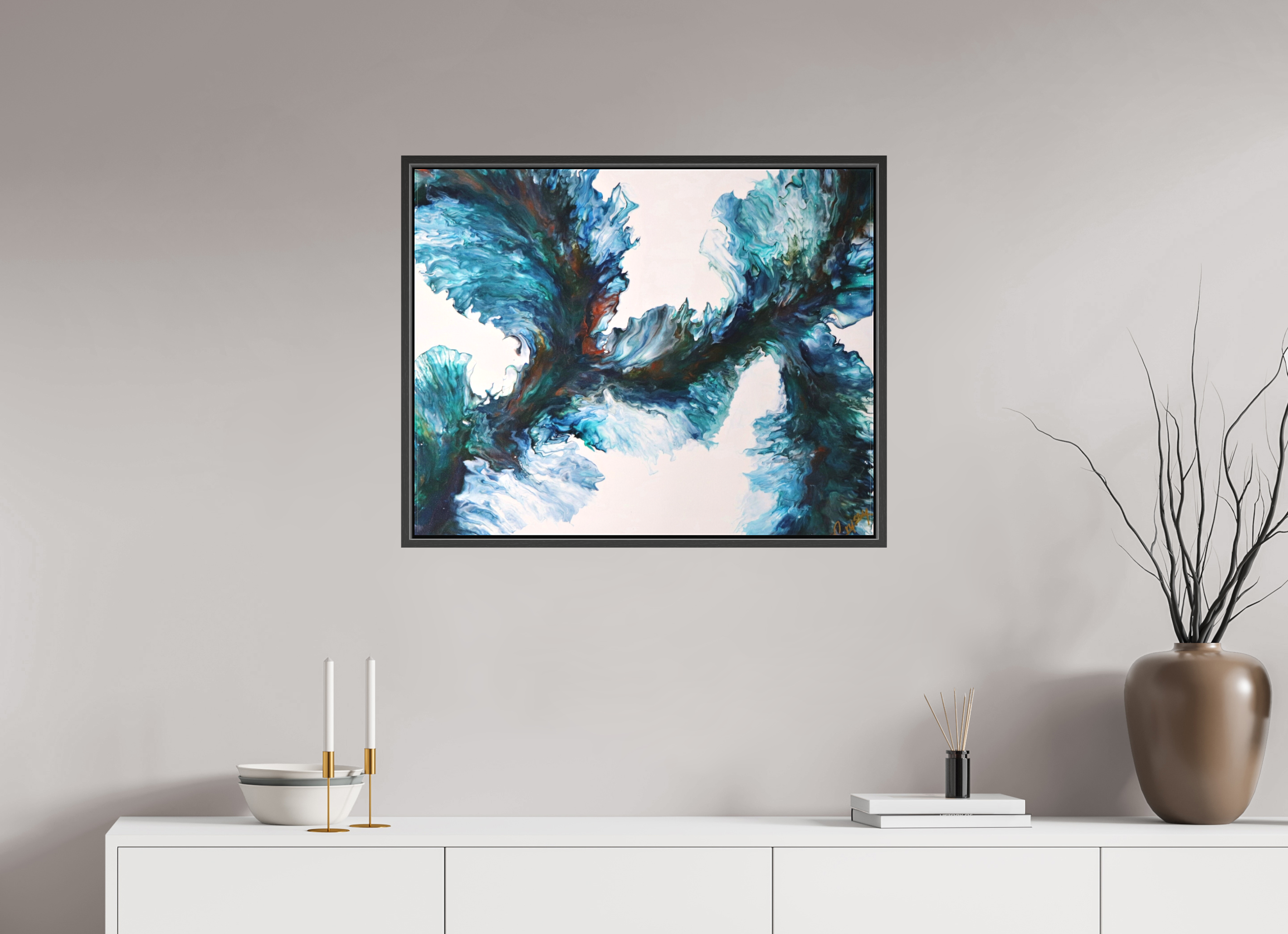 30.2 x 24″, *.7" Matte Canvas with Black Oak Frame River Blues - Original Dutch Pour Painting