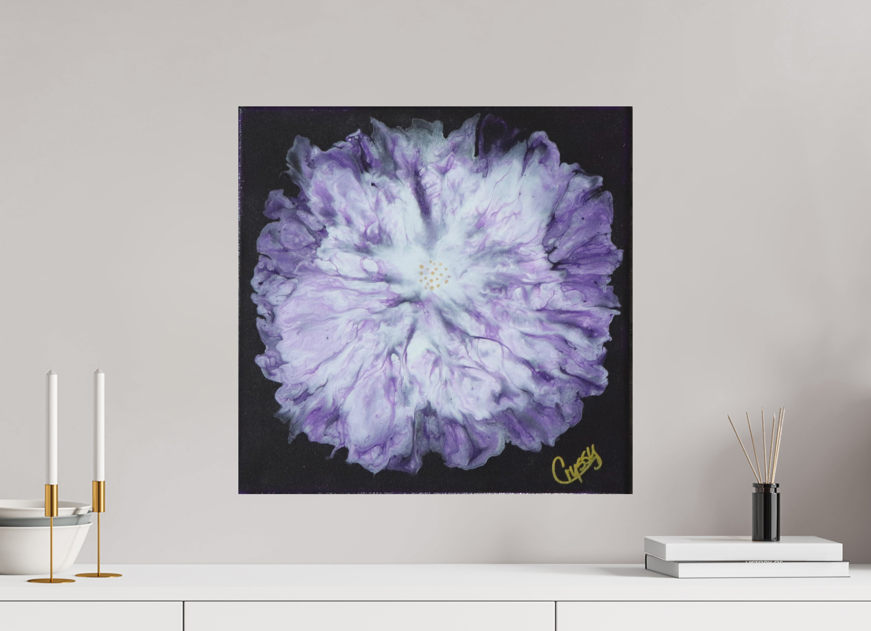 20.3 x 20″, *Photo Print on Fuji Silk Paper No Frame Purple Paisley - Original Acrylic Dutch Pour Painting