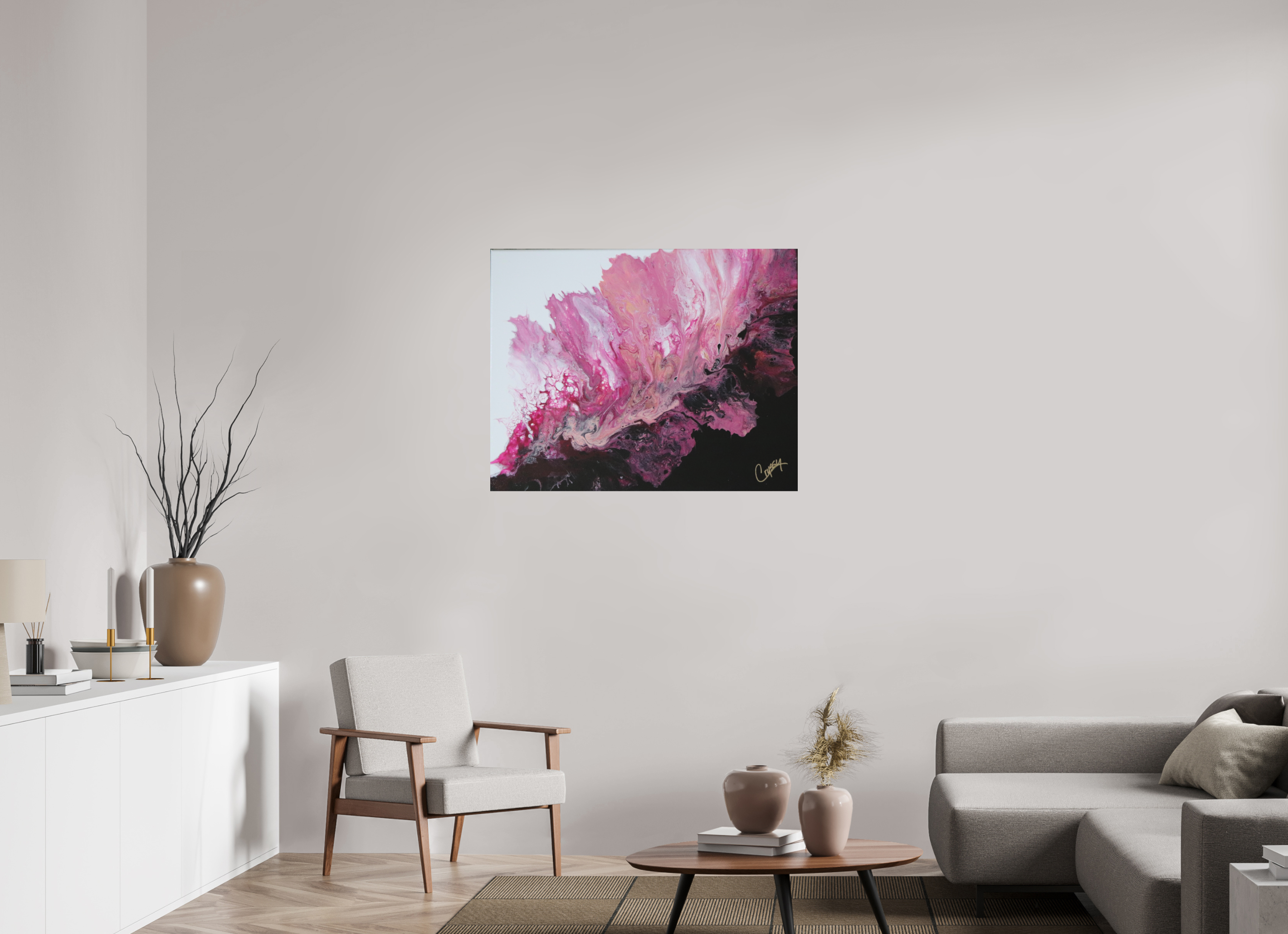 39.3 x 31″, *Photo Print on Fuji Silk with Black Frame Pink Magma - Original Dutch Pour