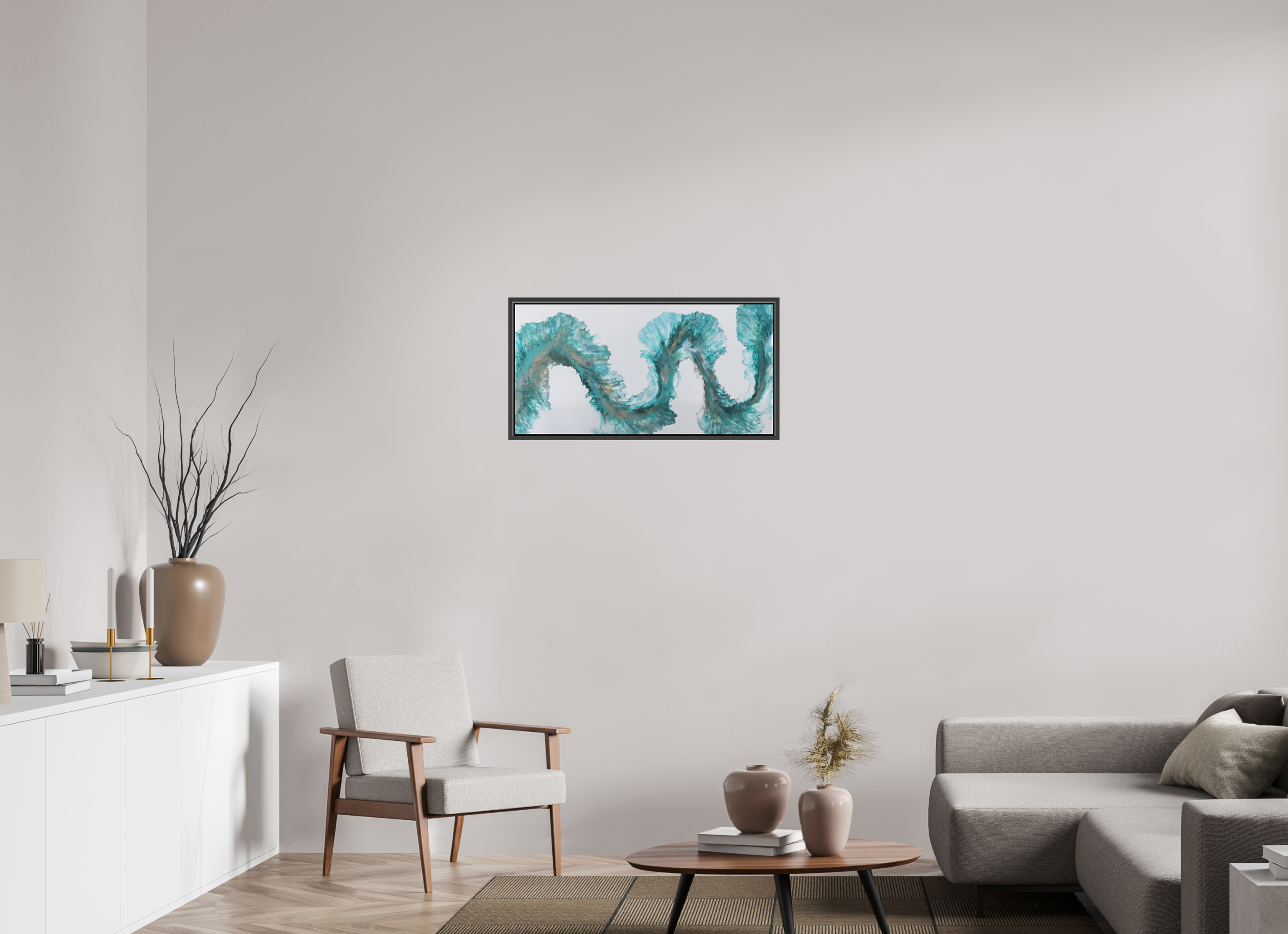 32.2 x 16″, *.7" Matte Canvas with Black Oak Frame Tidal Reviere