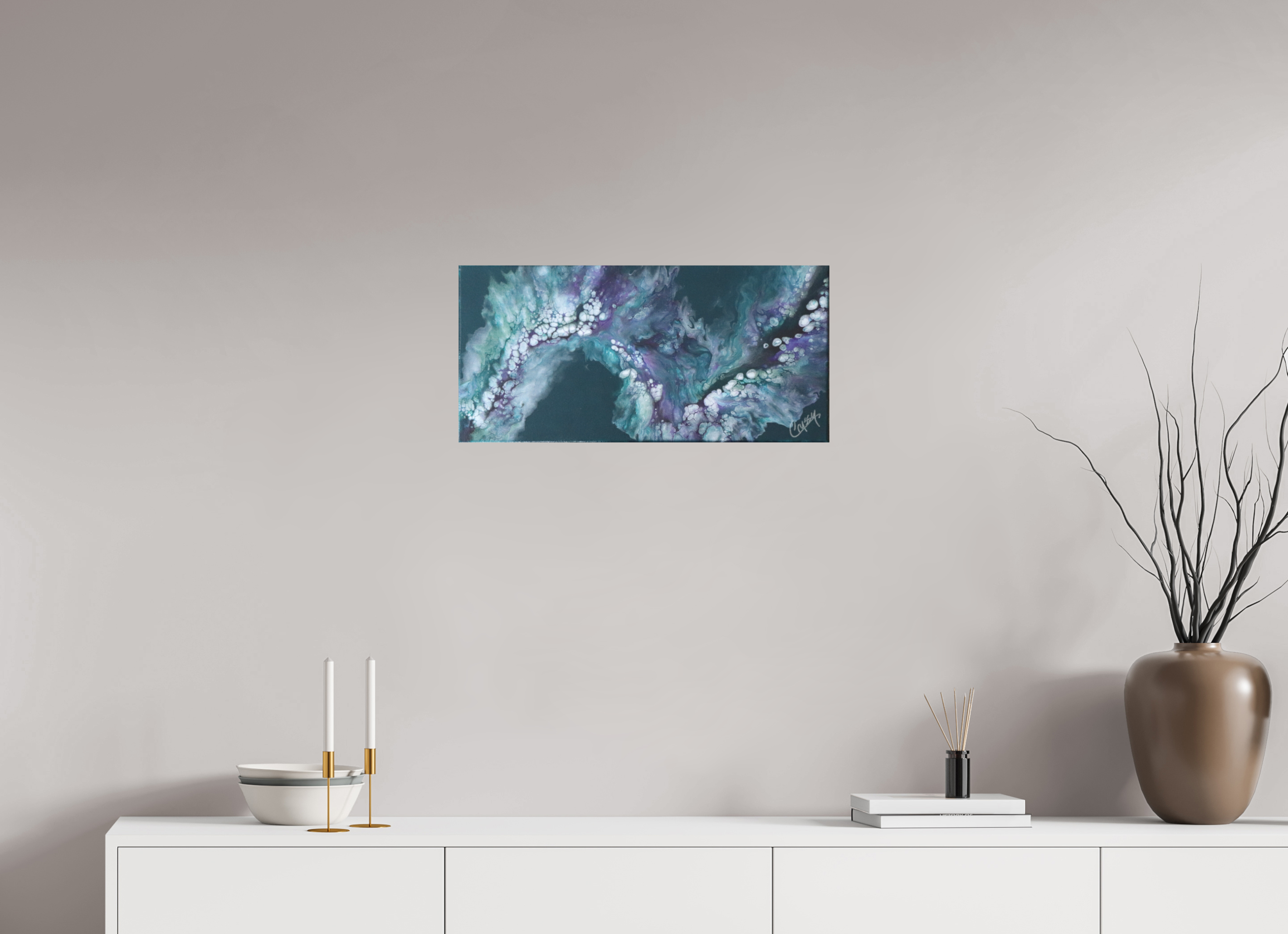 25.2 x 12″, *Photo Print on Fuji Silk with Black Frame Teal Tidal Wave