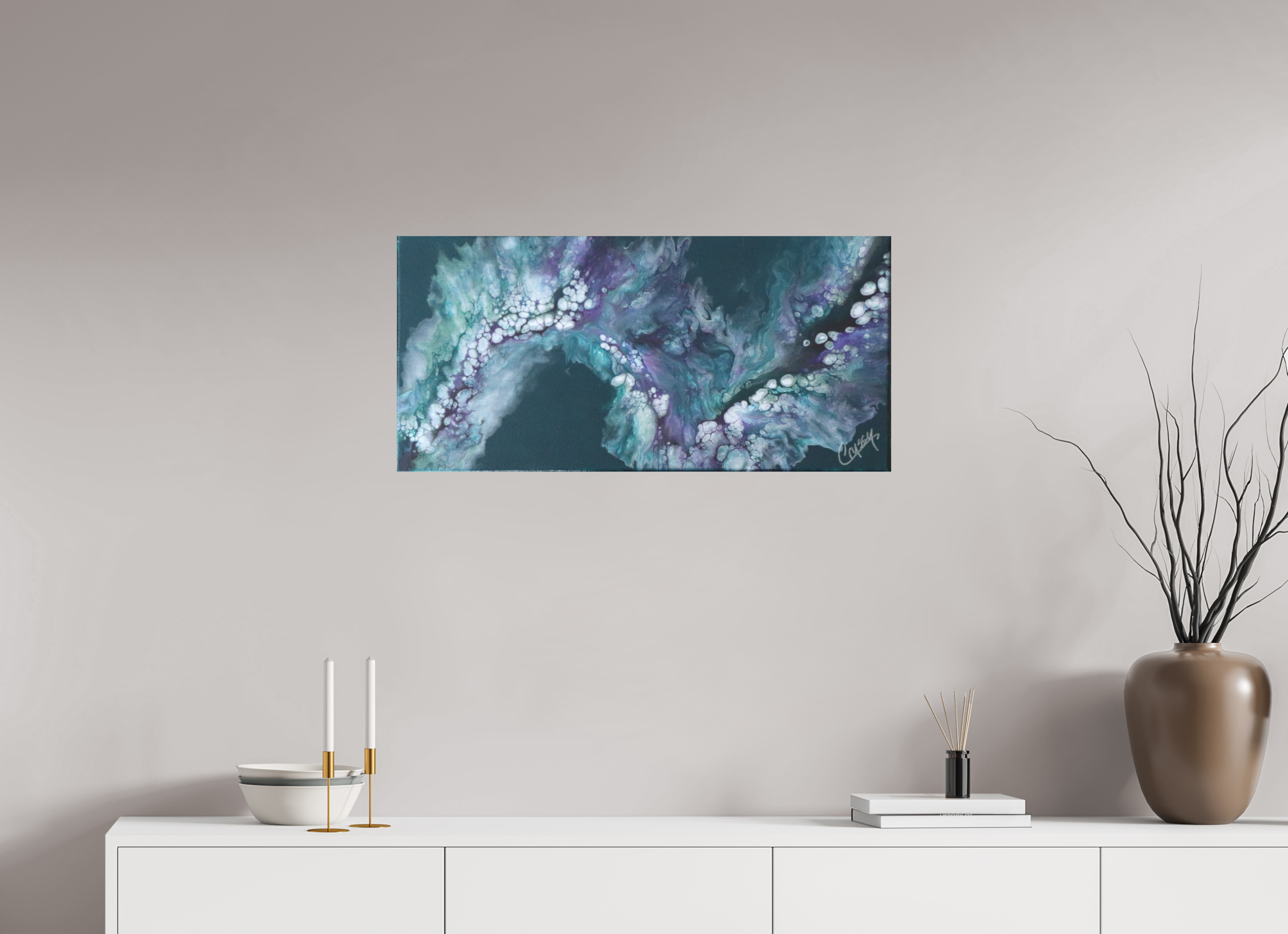33.5 x 16″, *Photo Print on Fuji Silk with Black Frame Teal Tidal Wave