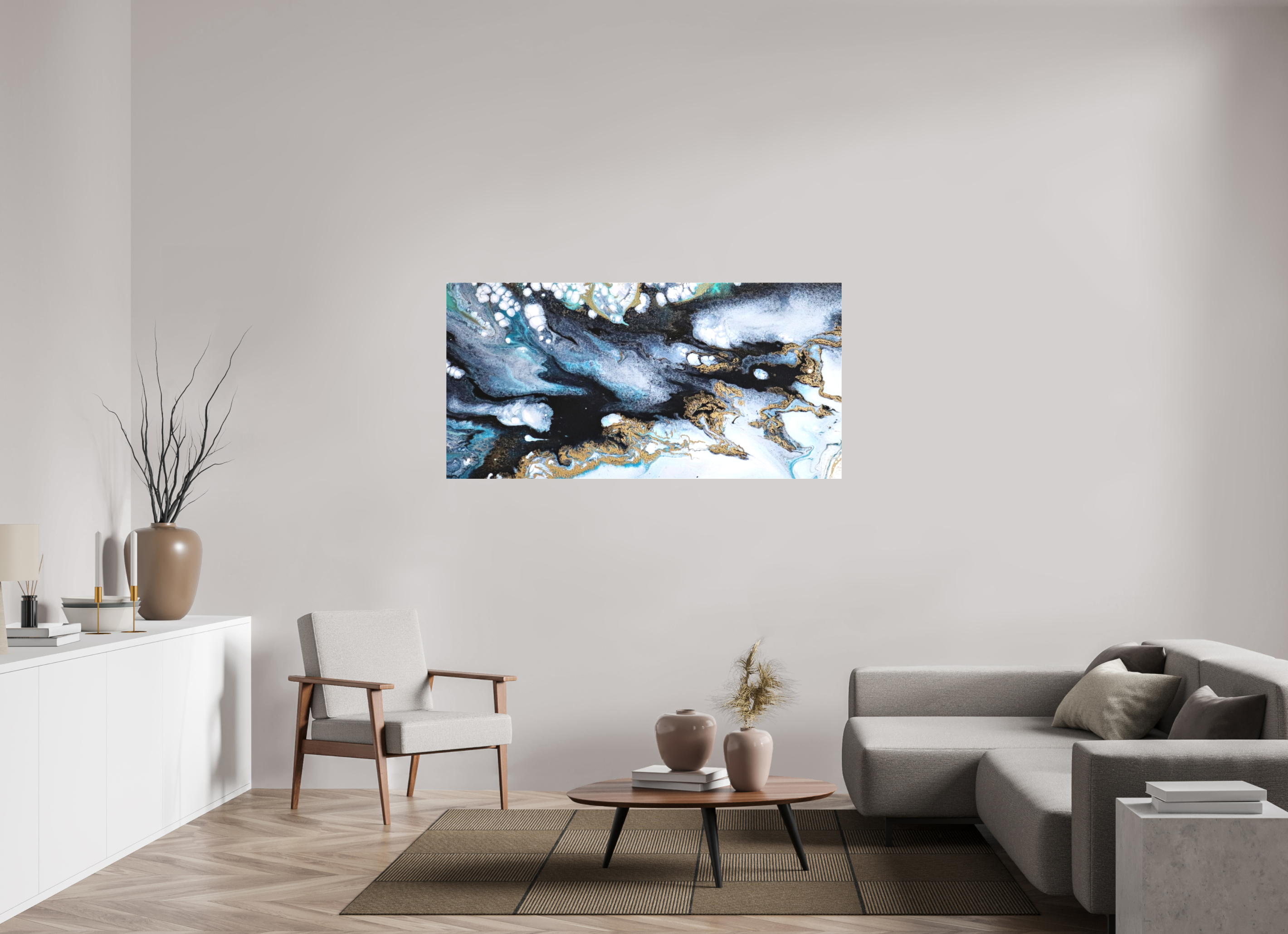 62.8 x 31″, *1.25" Matte Canvas No Frame Ocean Blues - Original Acrylic Tip Pour