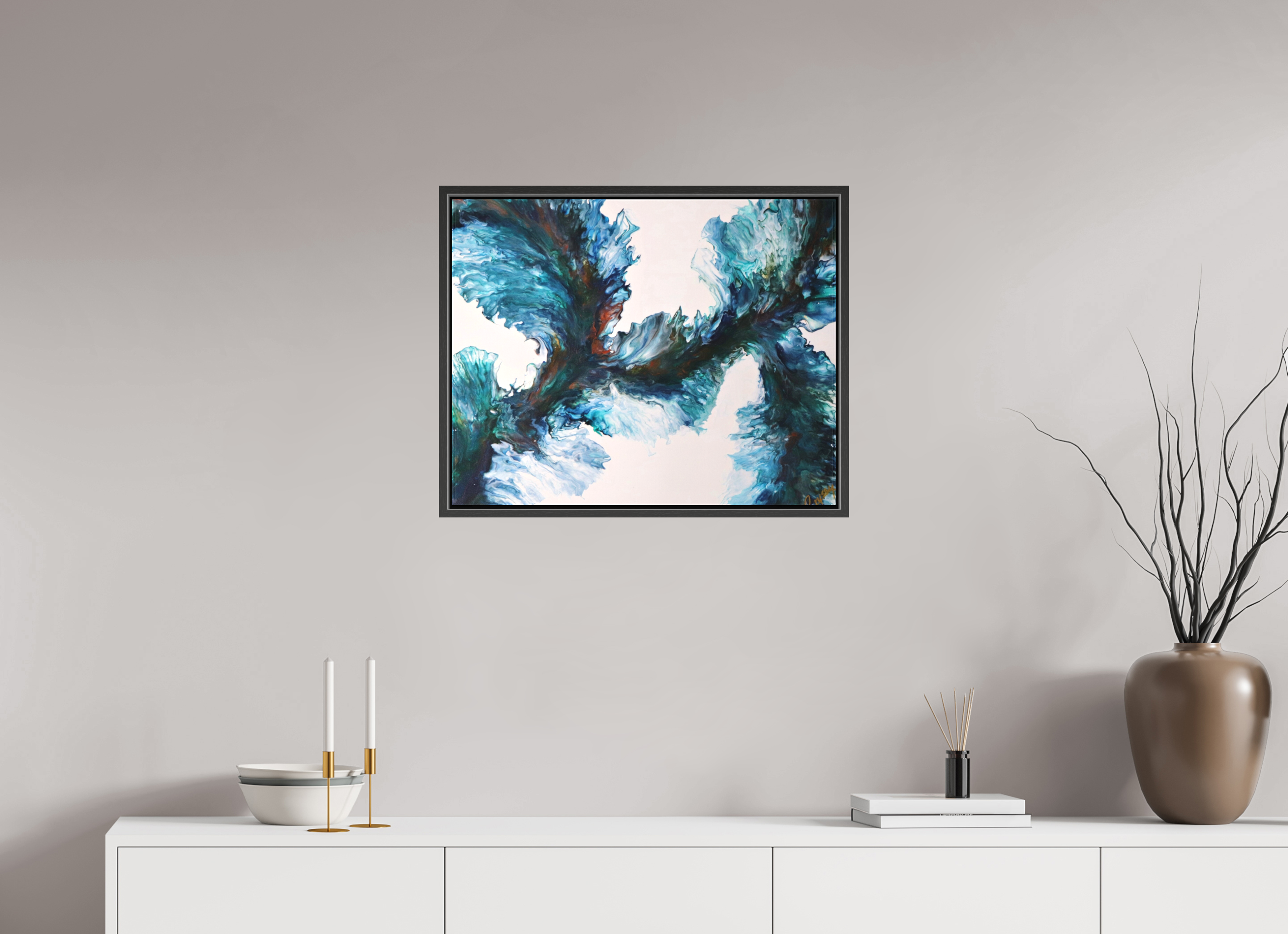 25.2 x 20″, *.7" Matte Canvas with Black Oak Frame River Blues - Original Dutch Pour Painting