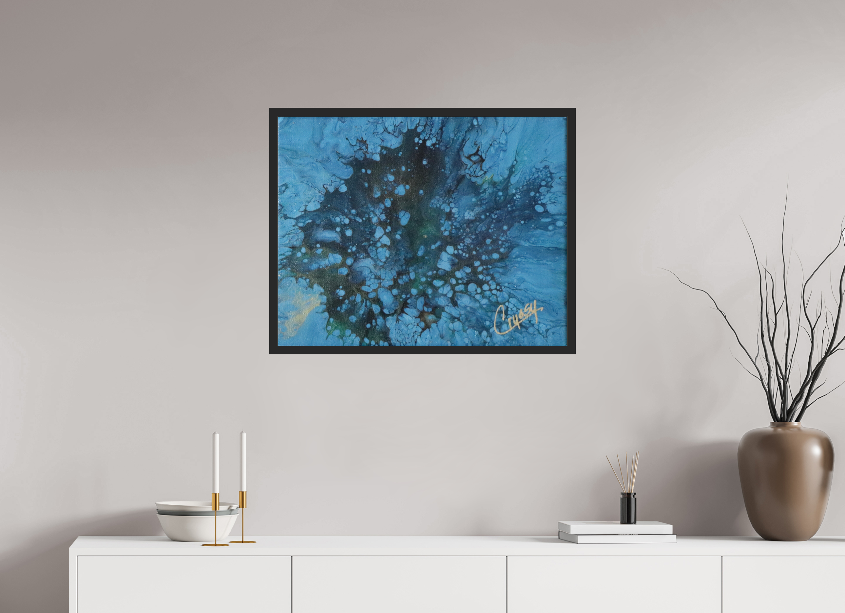 30.2 x 24″, *Photo Print Under Acrylic Glass Black Matte Frame Ocean Bloom - Original Dutch Pour Acrylic Painting