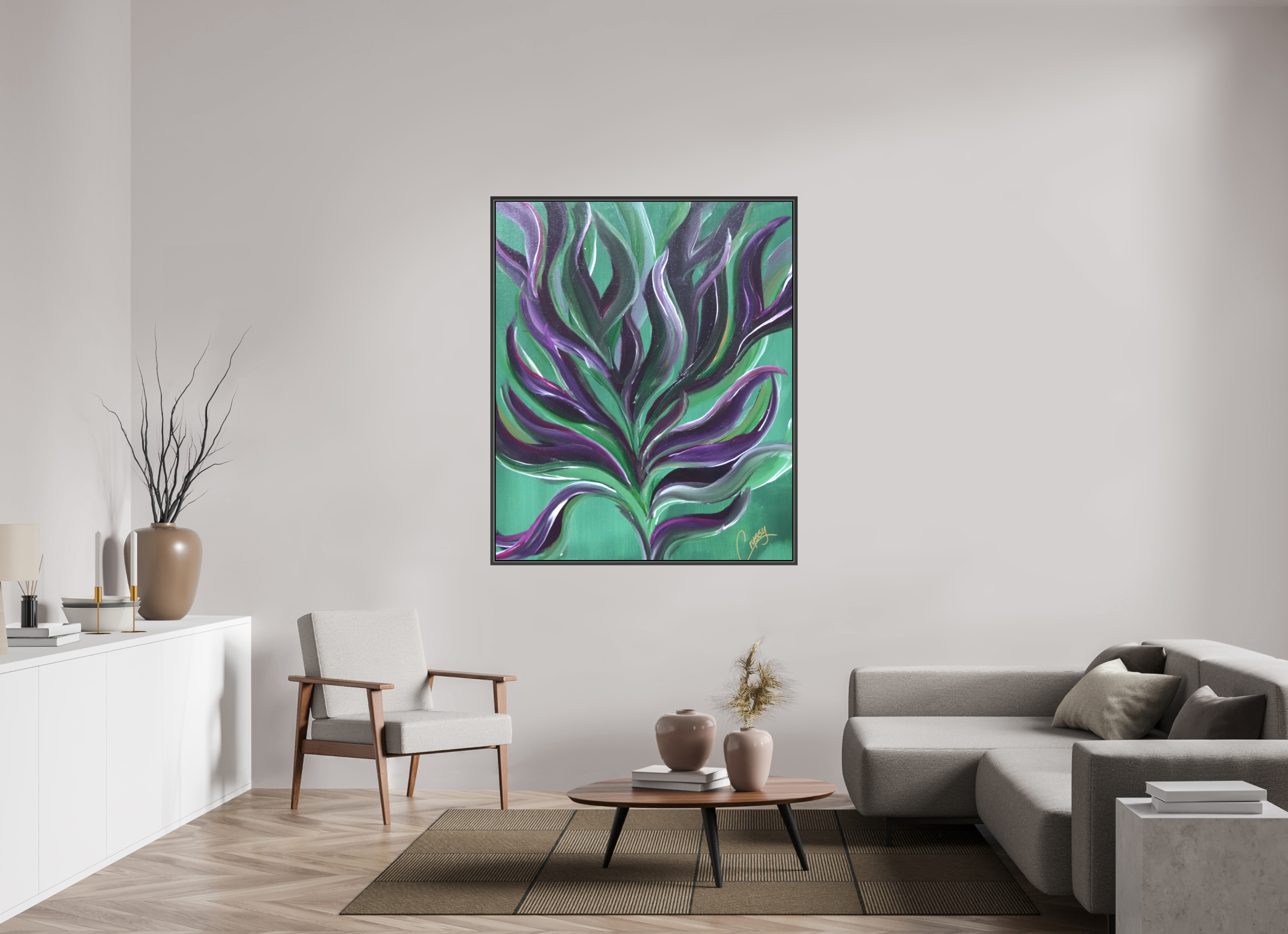 47 x 56.9″, *.7" Matte Canvas with Black Oak Frame Large Botanical - Original Abstract Acrylic Painting