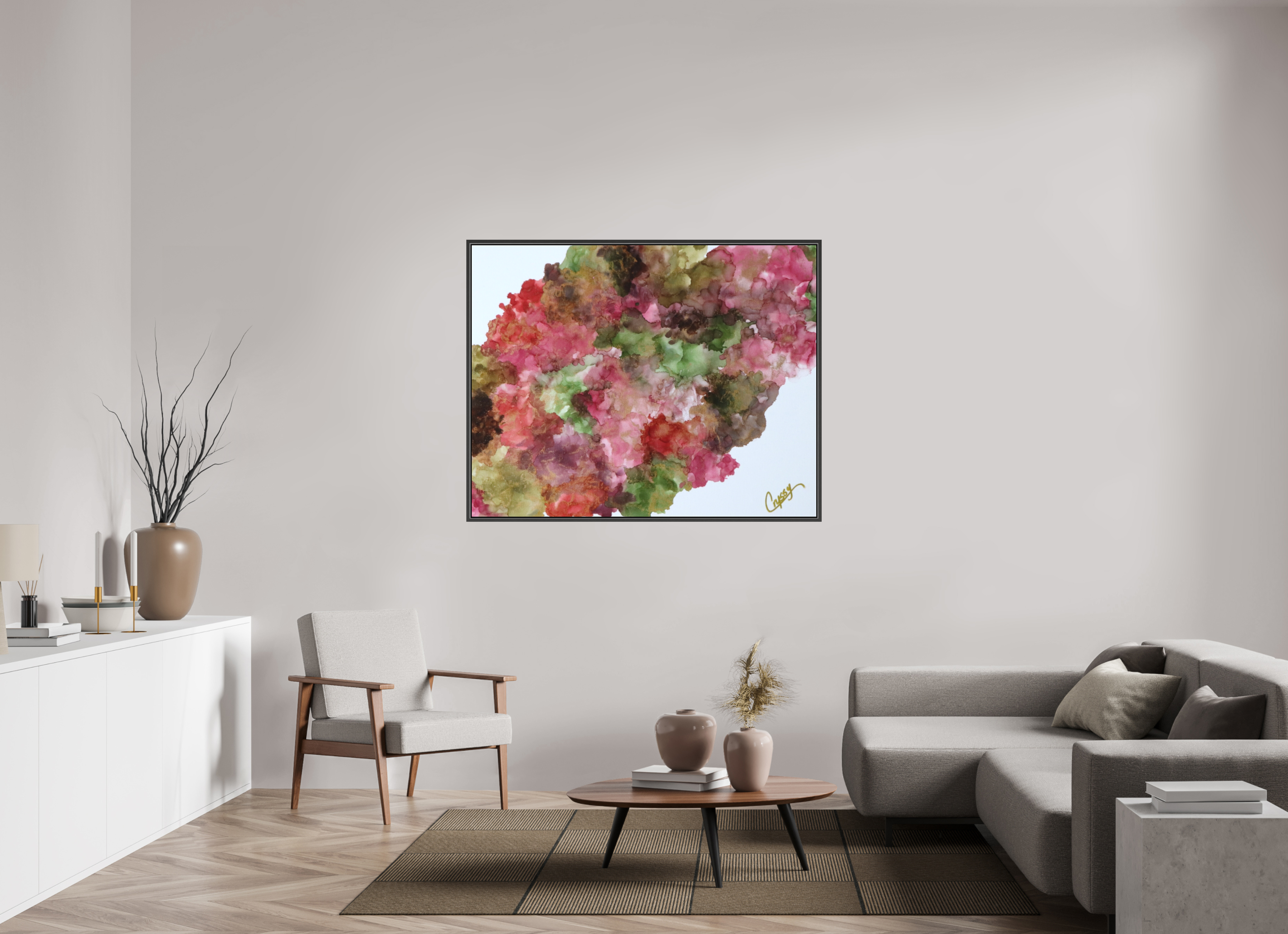 54.7 x 43″, *.7" Matte Canvas with Black Oak Frame Floral Density