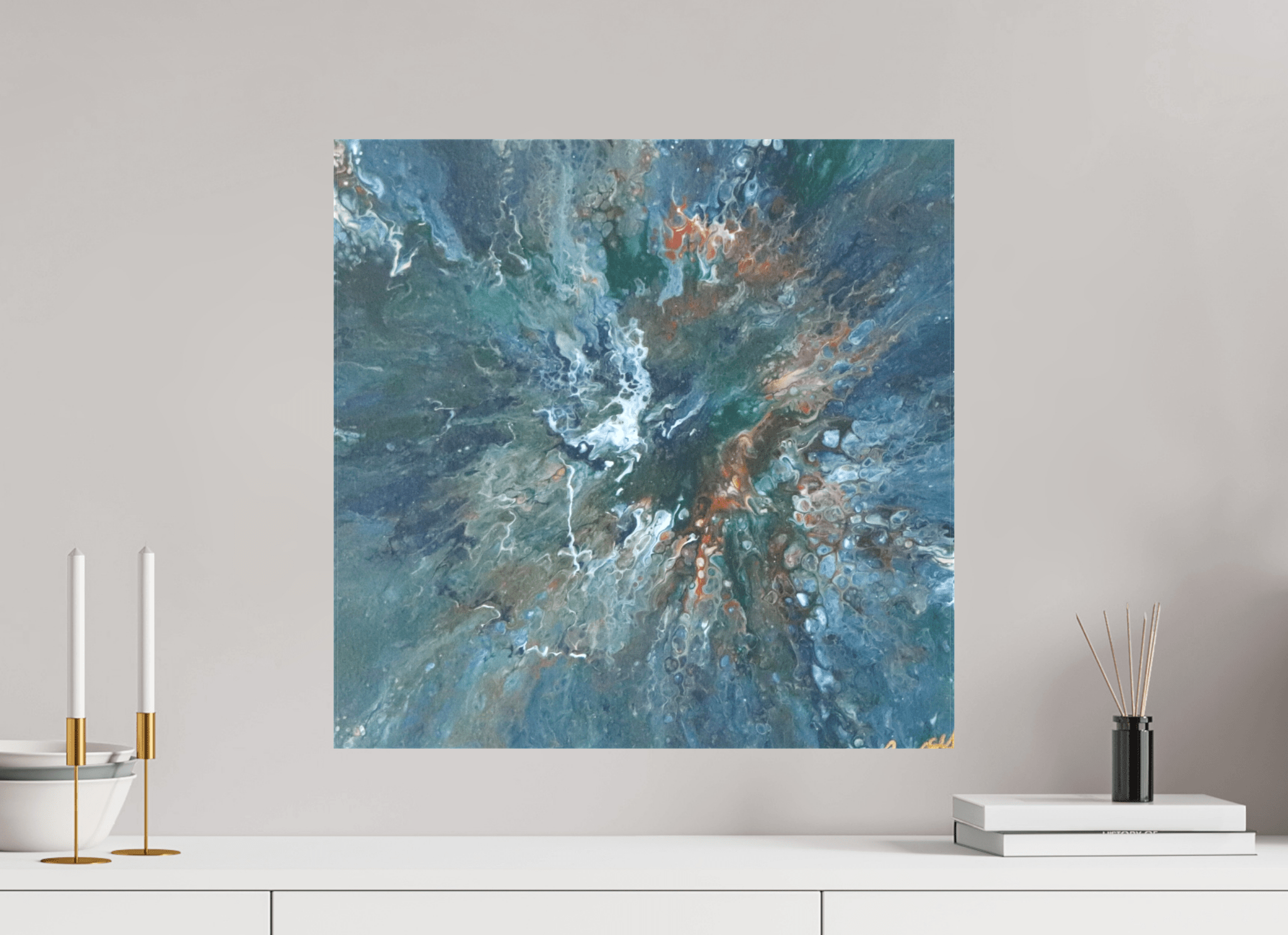 Teal Flux - Original Tilt Pour Painting - The Living Abstract