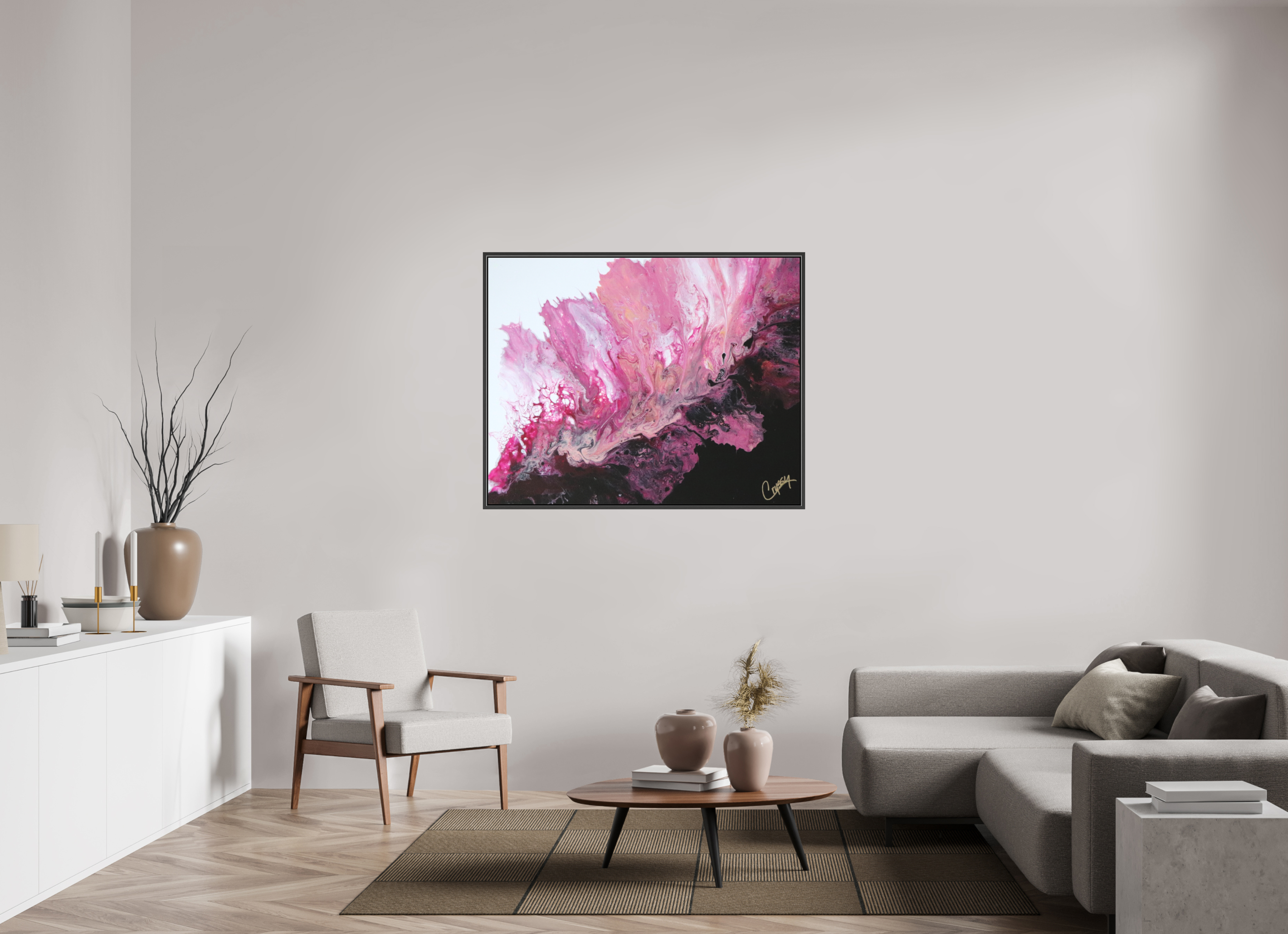 49.4 x 39″, *.7" Matte Canvas with Black Oak Frame Pink Magma - Original Dutch Pour