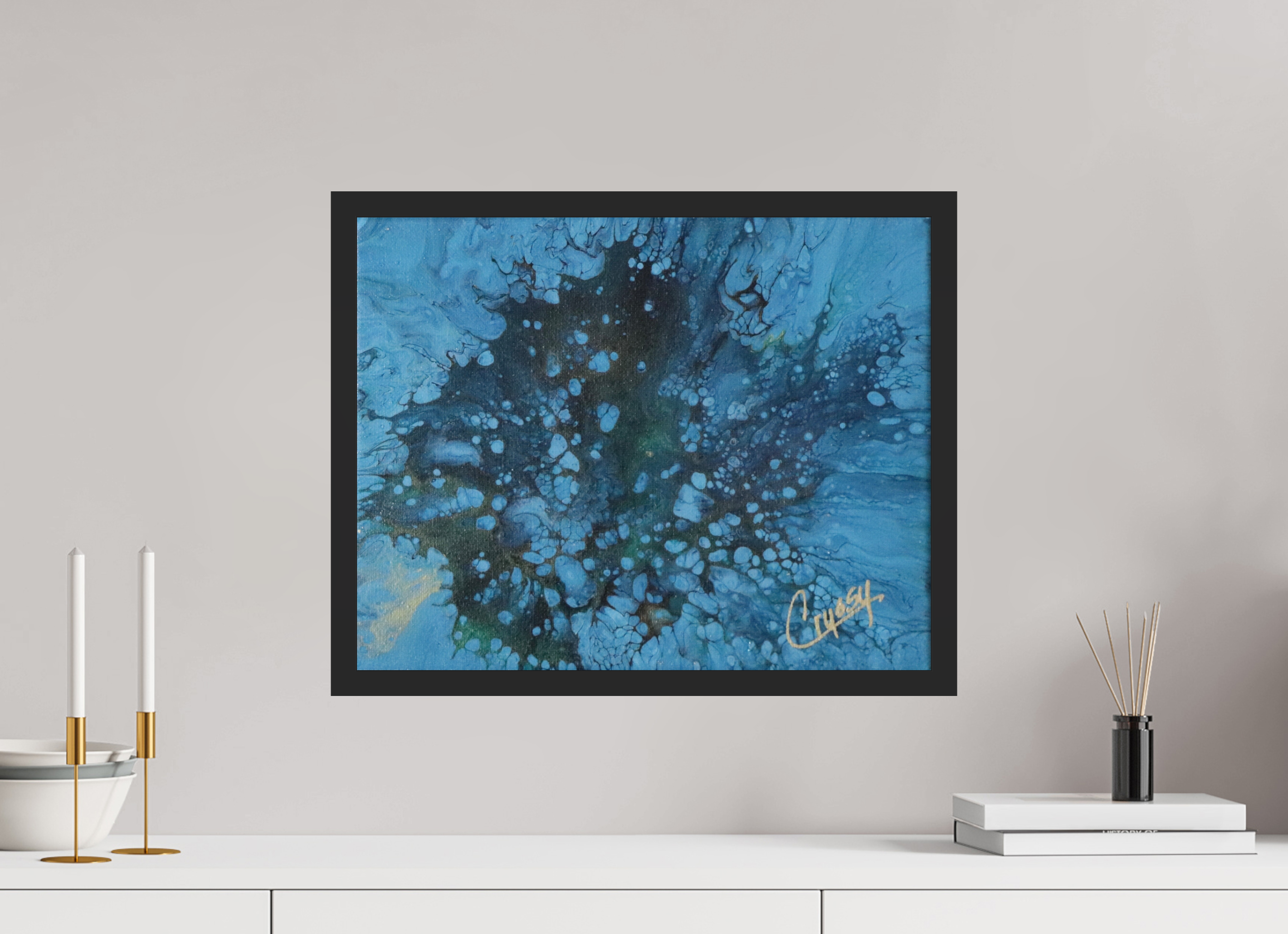 20.1 x 16″, *Photo Print Under Acrylic Glass Black Matte Frame Ocean Bloom - Original Dutch Pour Acrylic Painting