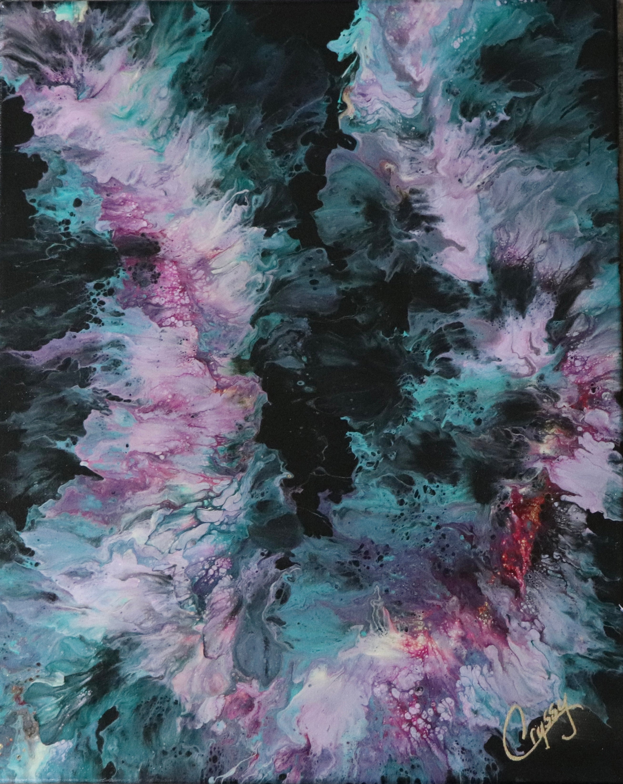 Original tropical Hawaiian Lei acrylic painting by The Living Abstract, vibrant floral design on canvas.