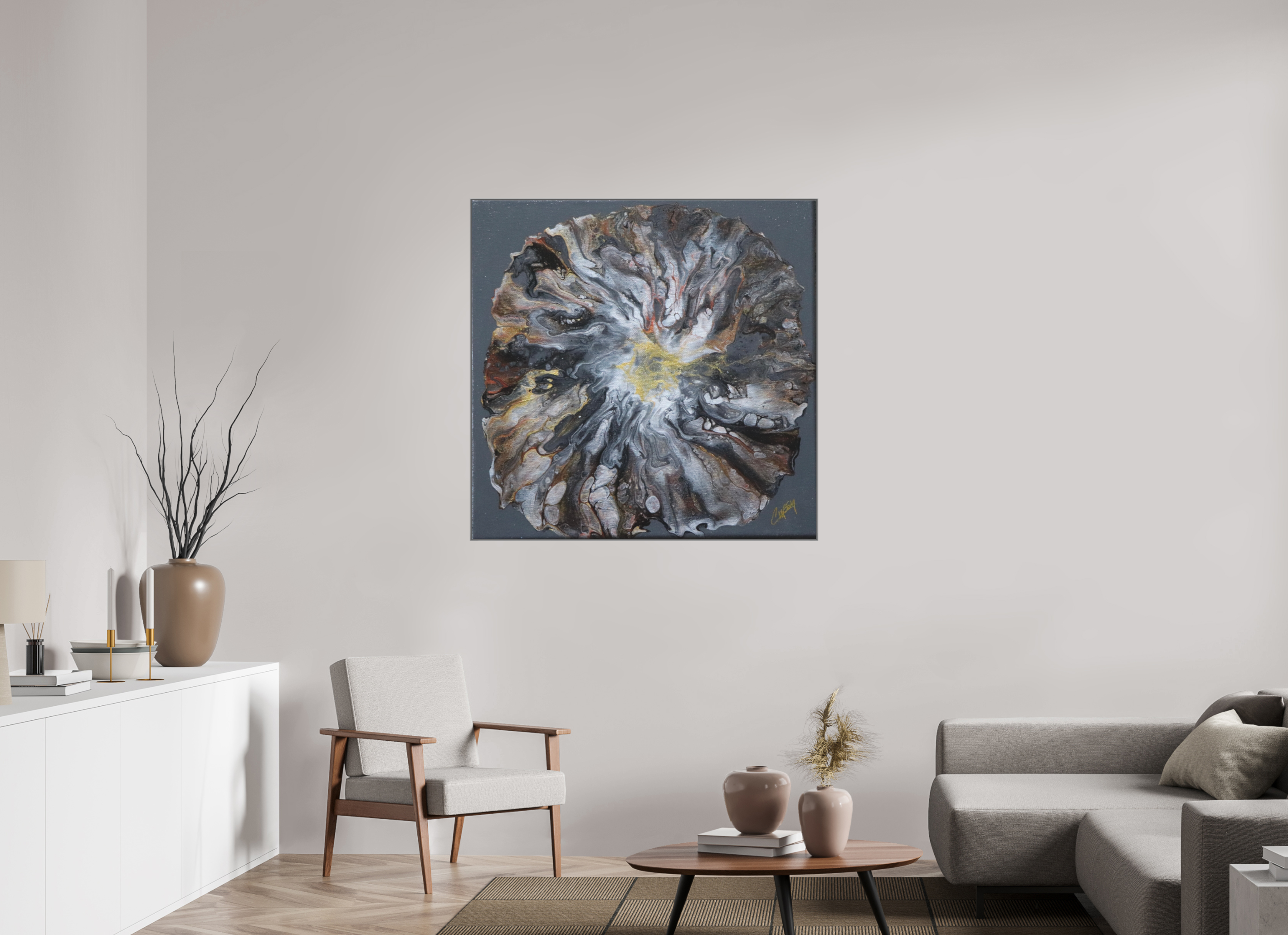 43.7 x 43″, *Aluminum Artbox 1" on fine art paper under acrylic matte glass Copper Bloom II