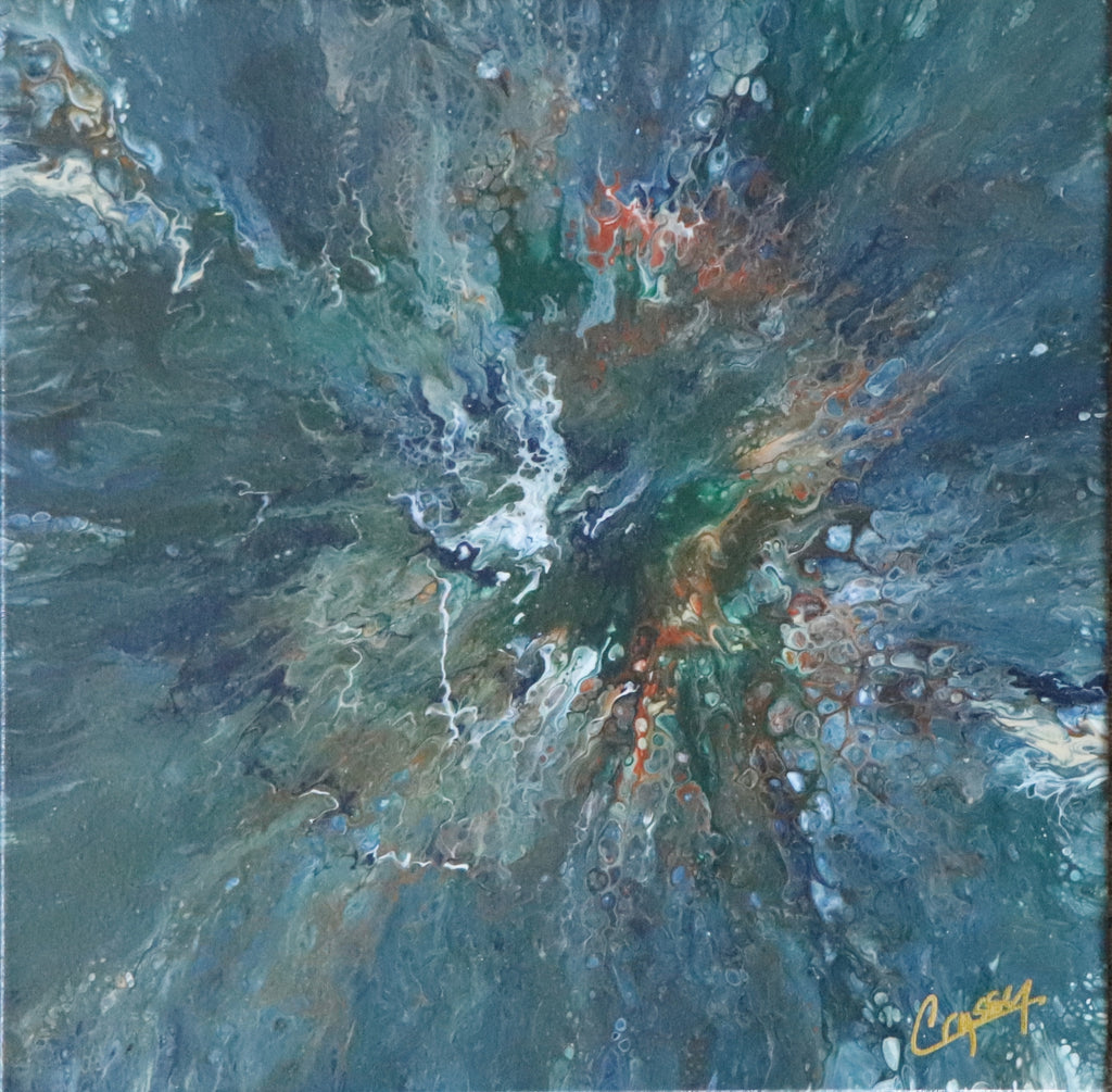 Teal Flux original tilt pour painting by The Living Abstract featuring vibrant abstract teal and blue swirling paint on canvas