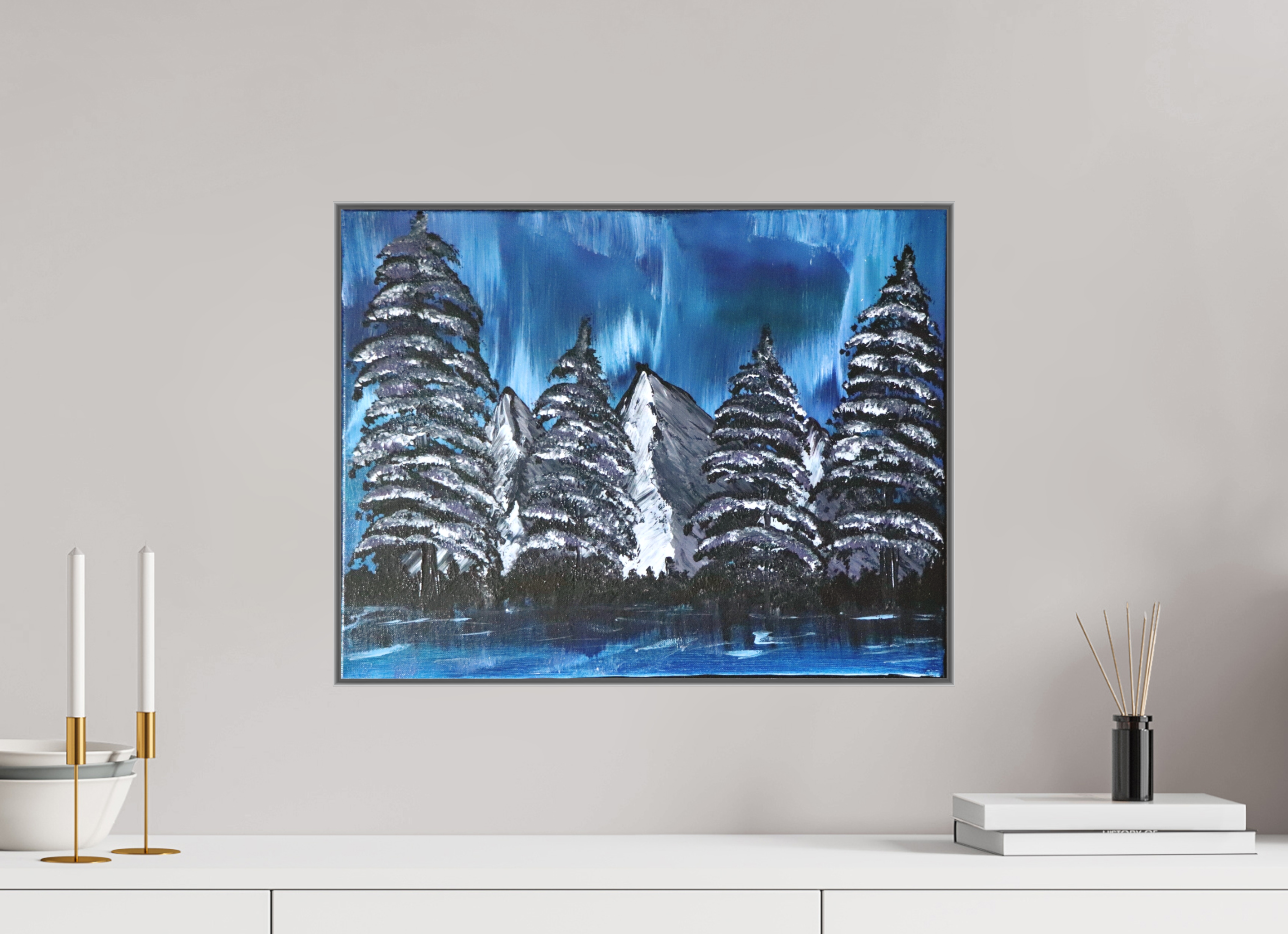 20.6 x 16″, *Aluminum Artbox 1" on fine art paper under acrylic matte glass Blue Borealis - Original Acrylic Landscape Painting