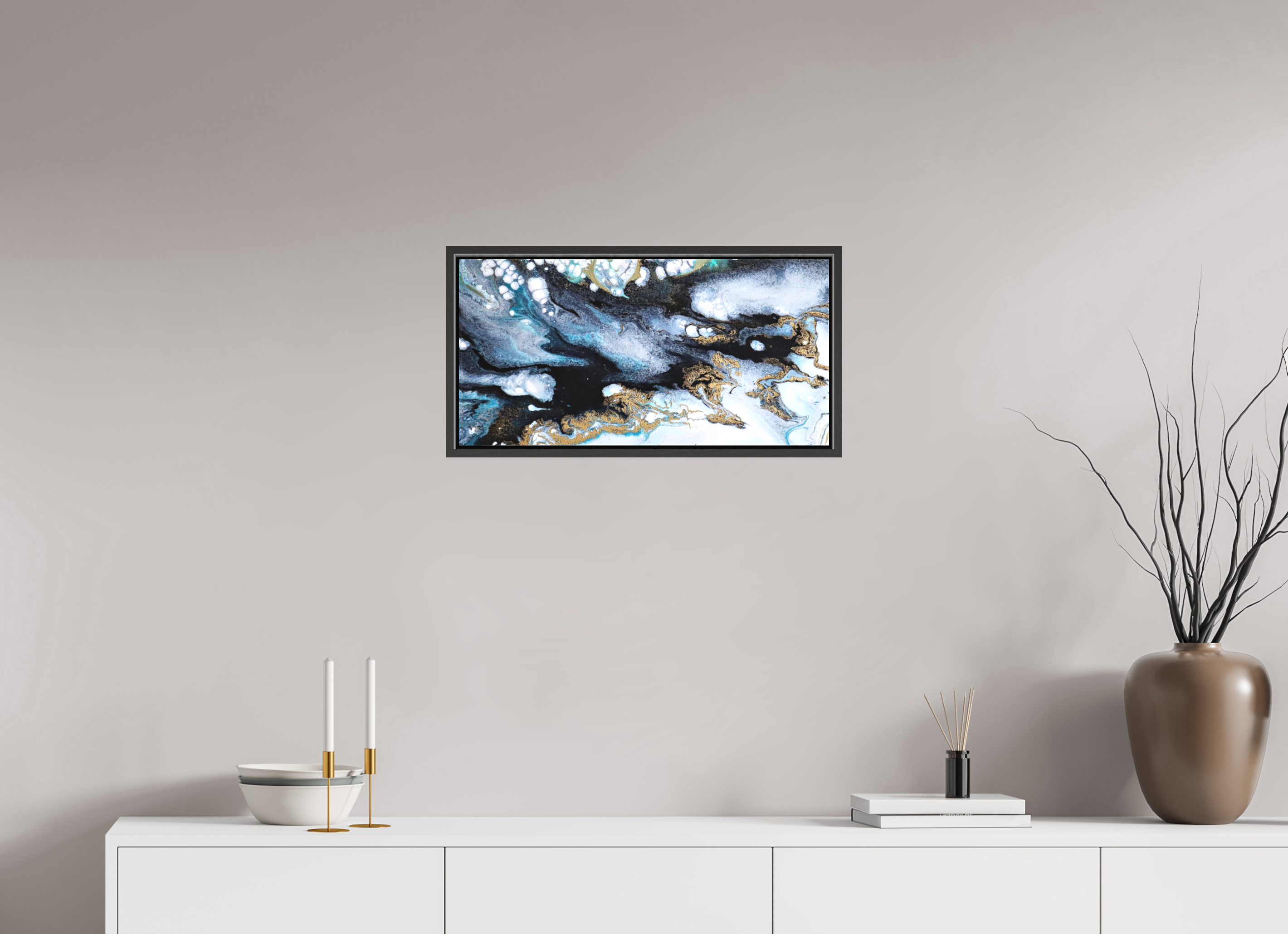 24.3 x 12″, *.7" Matte Canvas with Black Oak Frame Ocean Blues - Original Acrylic Tip Pour