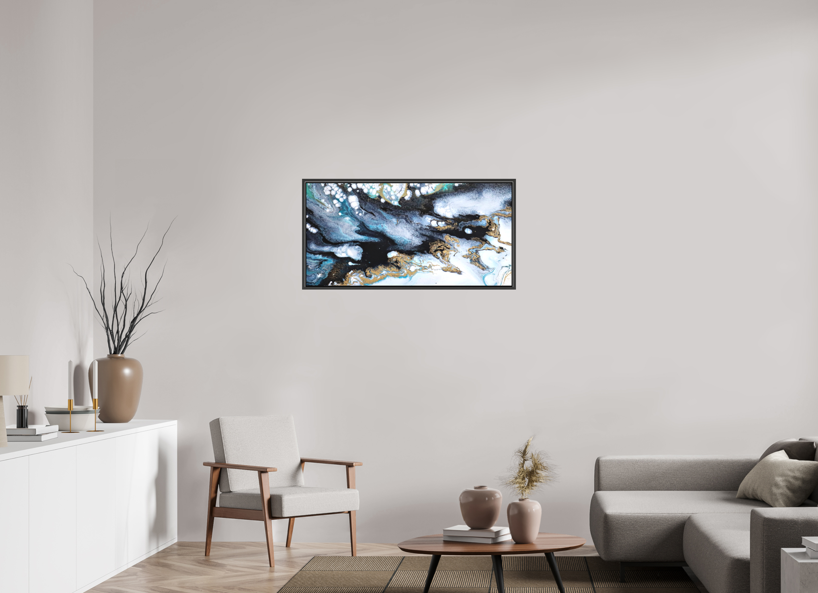 40.5 x 20″, *.7" Matte Canvas with Black Oak Frame Ocean Blues - Original Acrylic Tip Pour