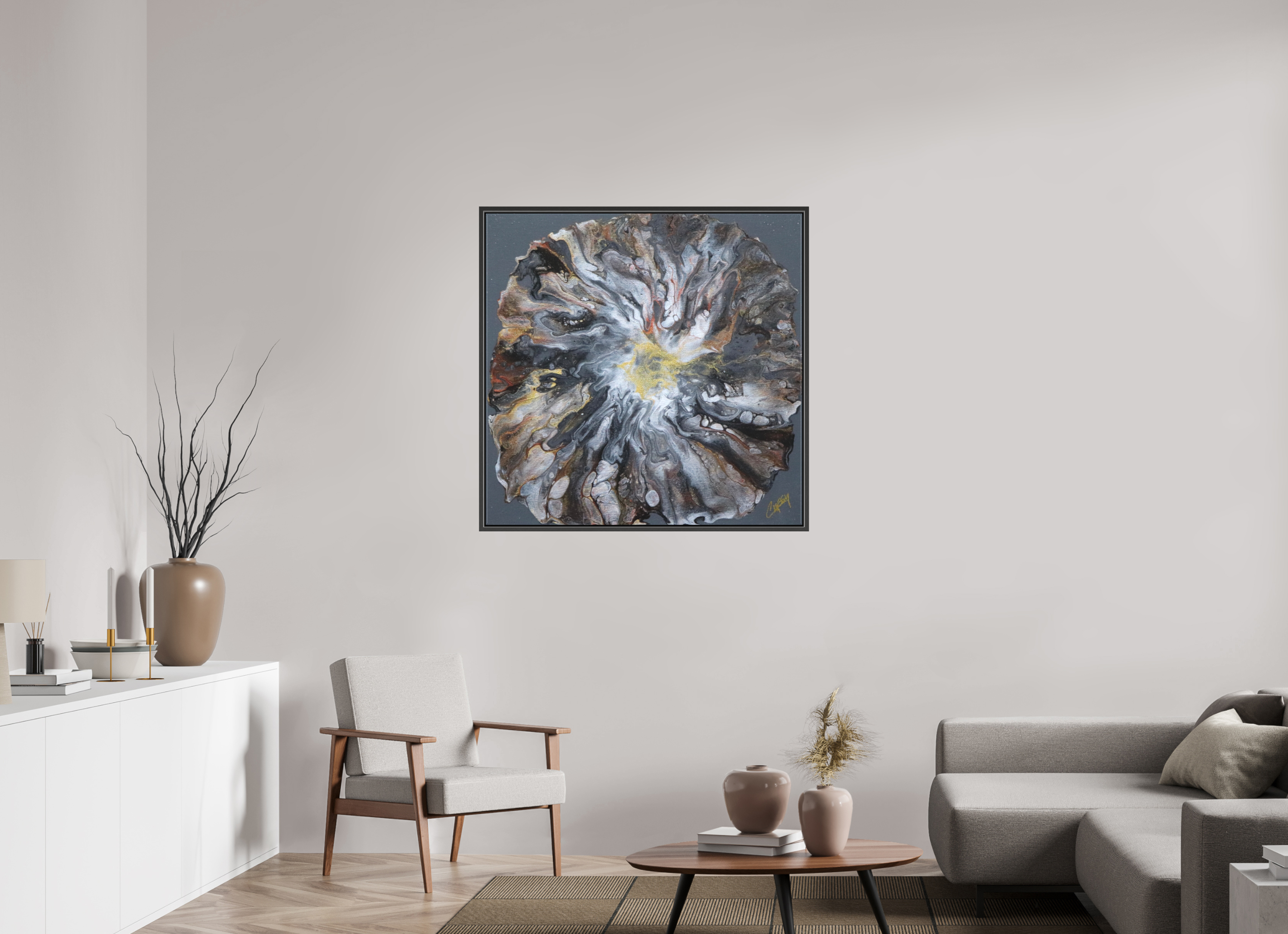 39.6 x 39″, *.7" Matte Canvas with Black Oak Frame Copper Bloom II