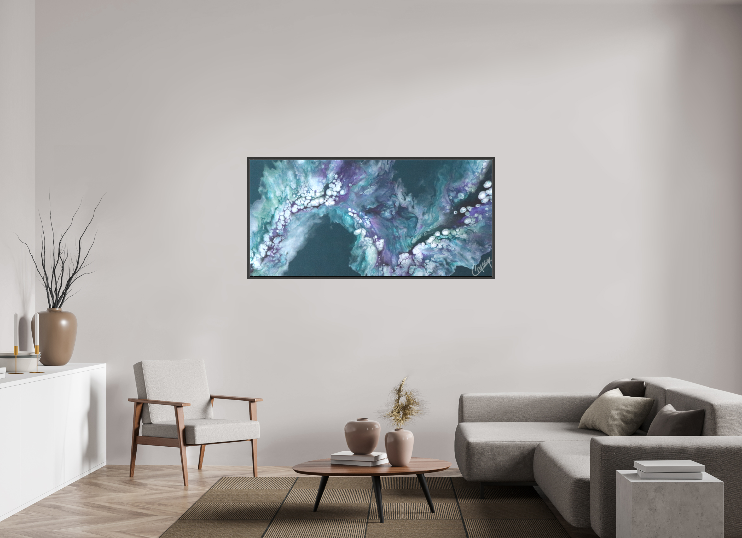 65 x 31″, *.7" Matte Canvas with Black Oak Frame Teal Tidal Wave