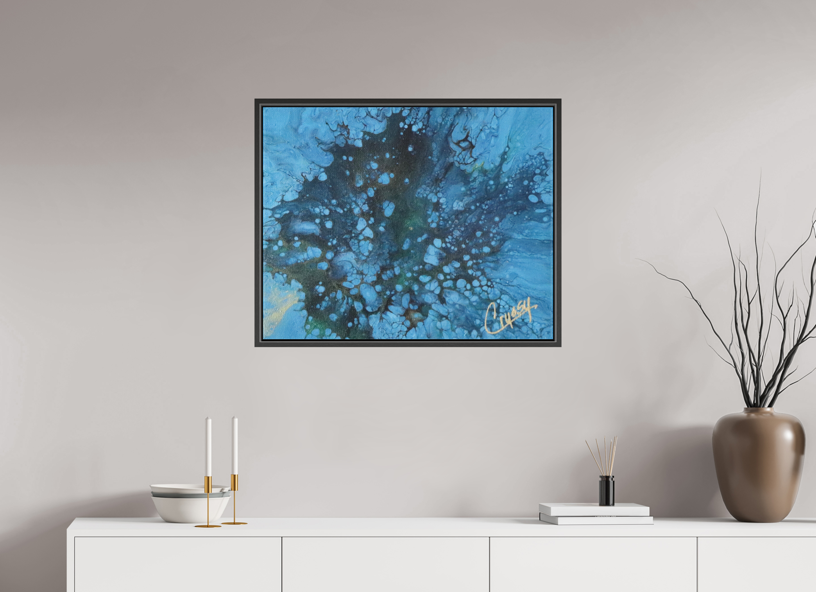 30.2 x 24″, *.7" Matte Canvas with Black Oak Frame Ocean Bloom - Original Dutch Pour Acrylic Painting
