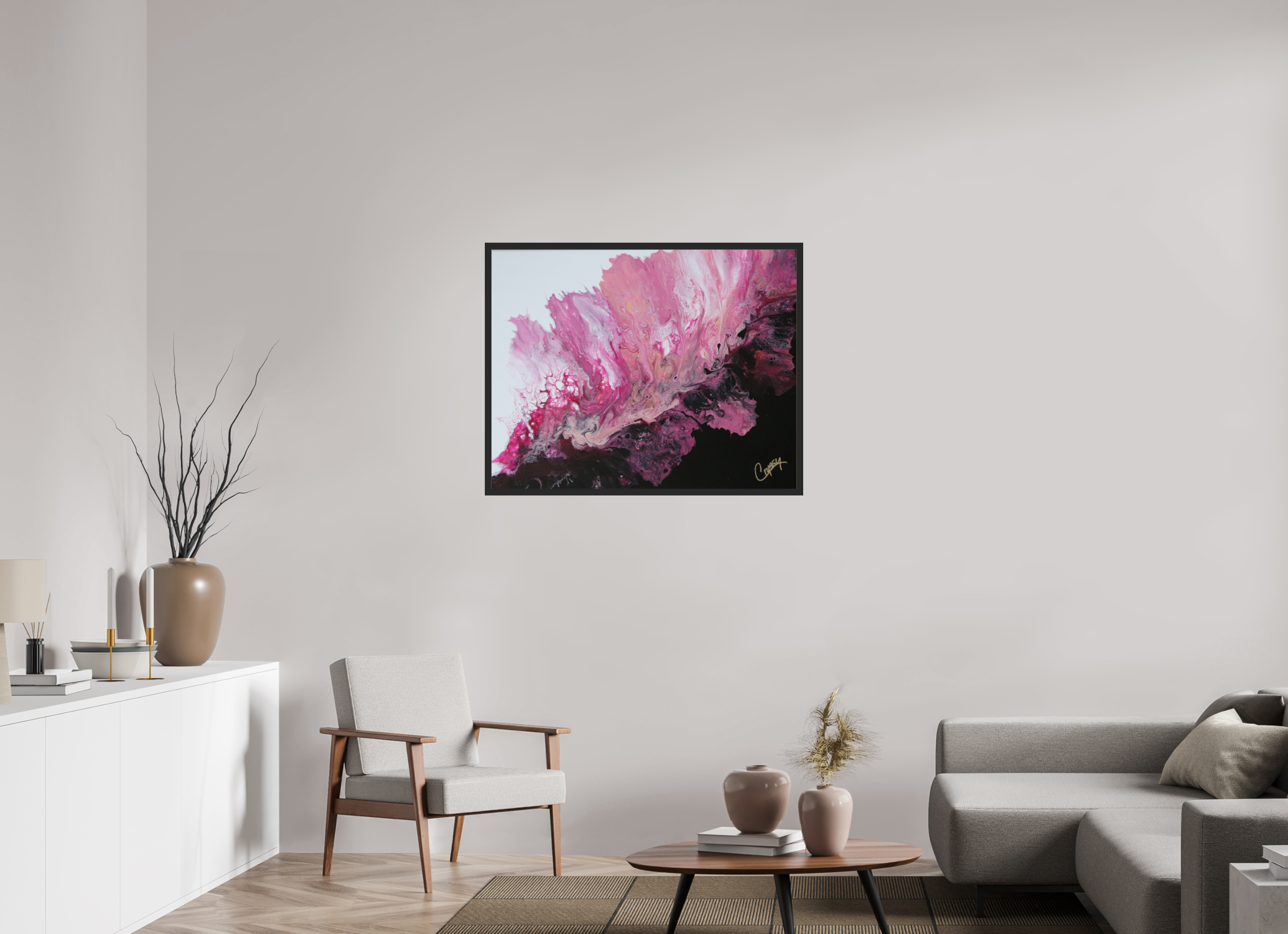 39.3 x 31″, *Photo Print Under Acrylic Glass Black Matte Frame Pink Magma - Original Dutch Pour