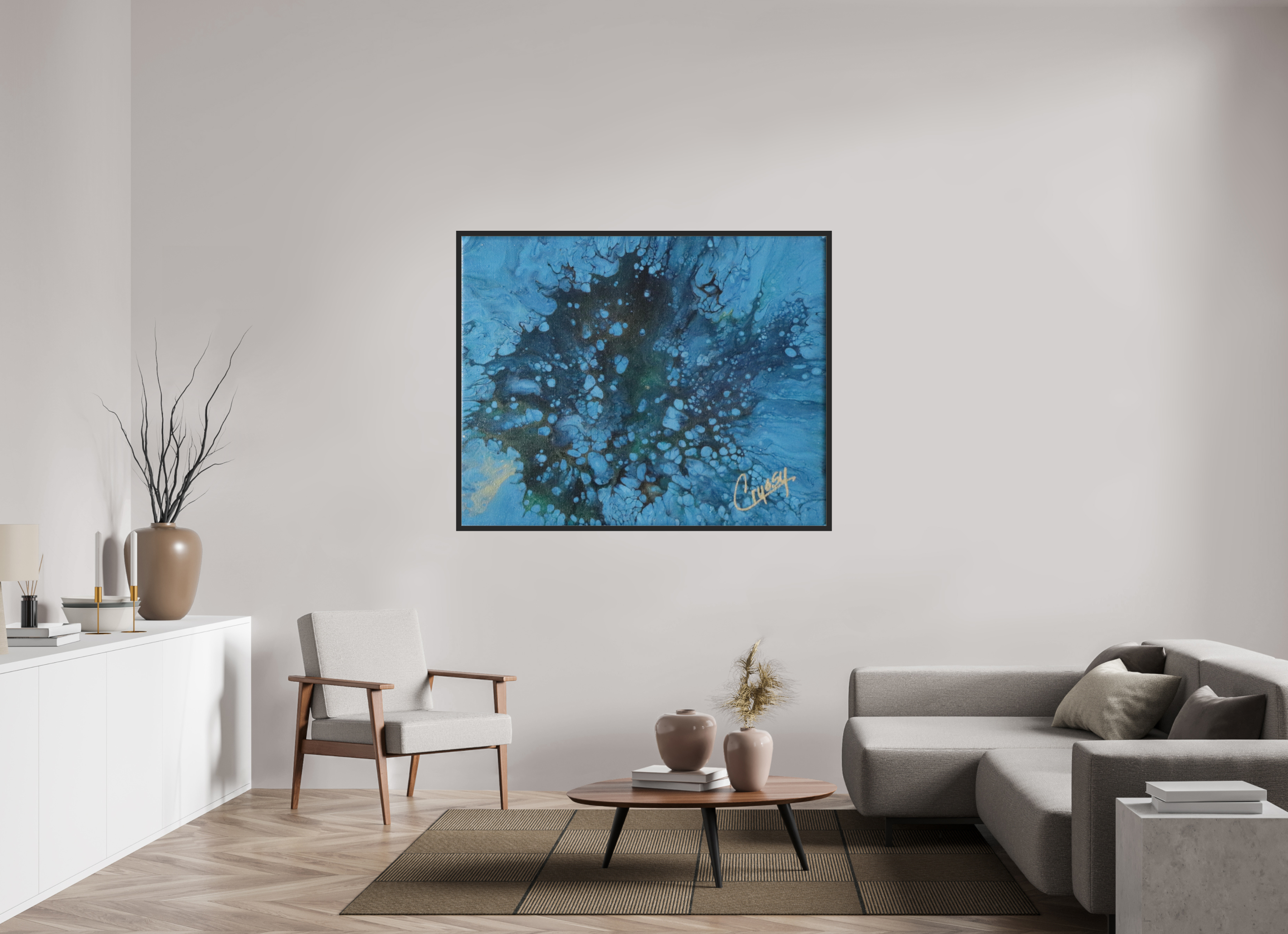 59.1 x 47″, *Photo Print Under Acrylic Glass Black Matte Frame Ocean Bloom - Original Dutch Pour Acrylic Painting