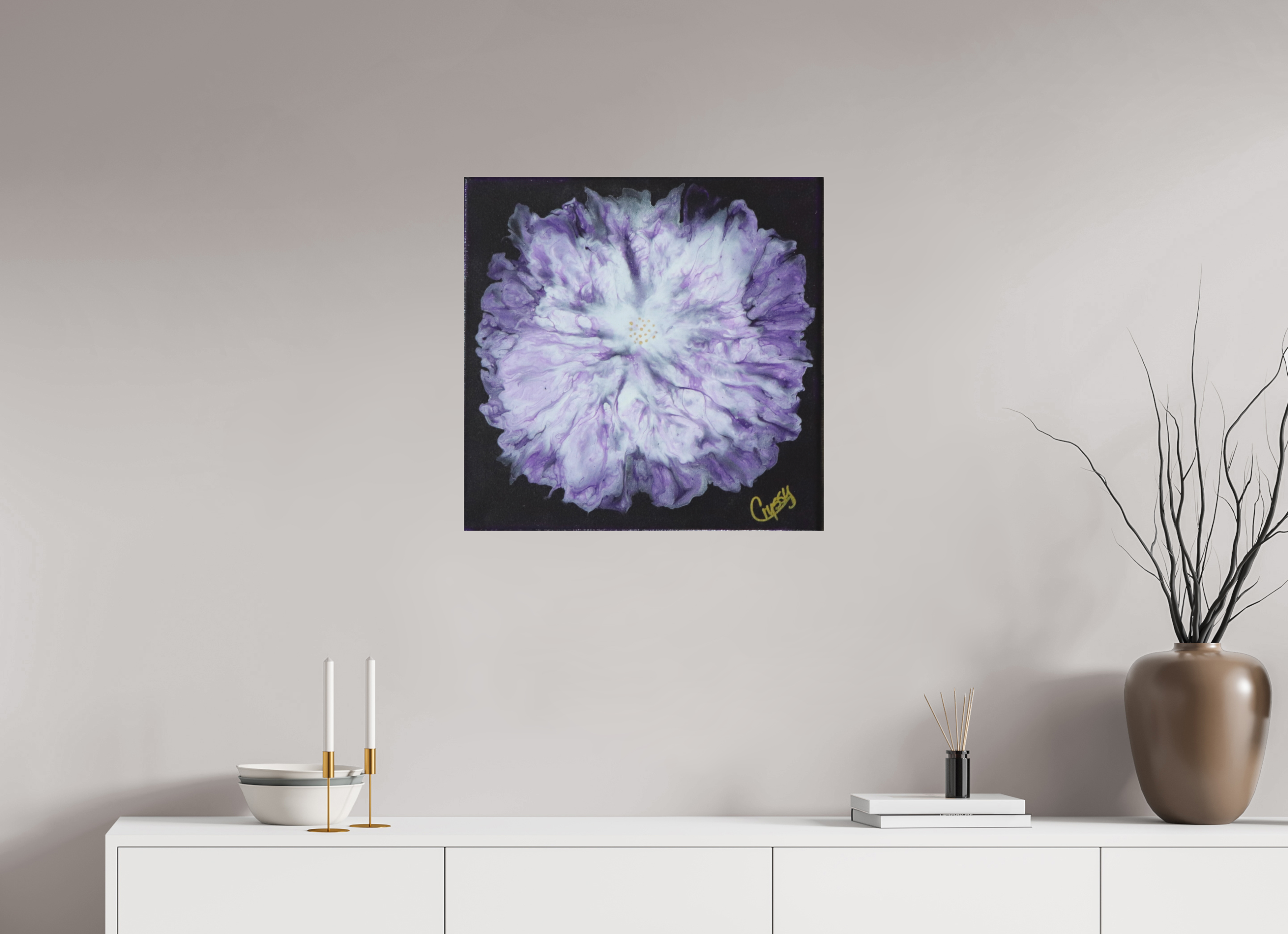 24.4 x 24″, *Photo Print on Fuji Silk Paper No Frame Purple Paisley - Original Acrylic Dutch Pour Painting