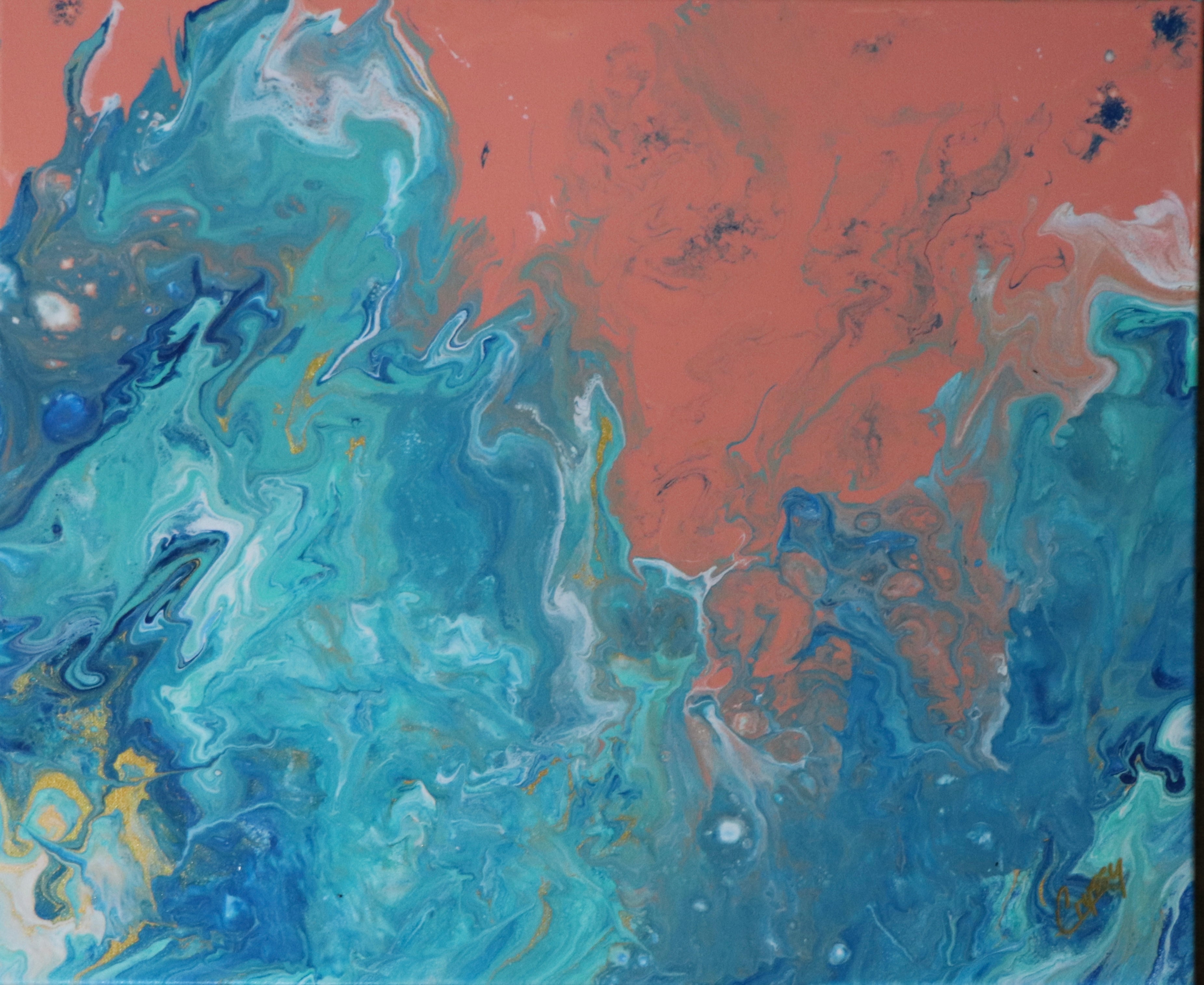 Original Coral Shore coastal acrylic painting by The Living Abstract, featuring vibrant coral tones and abstract seascape elements.