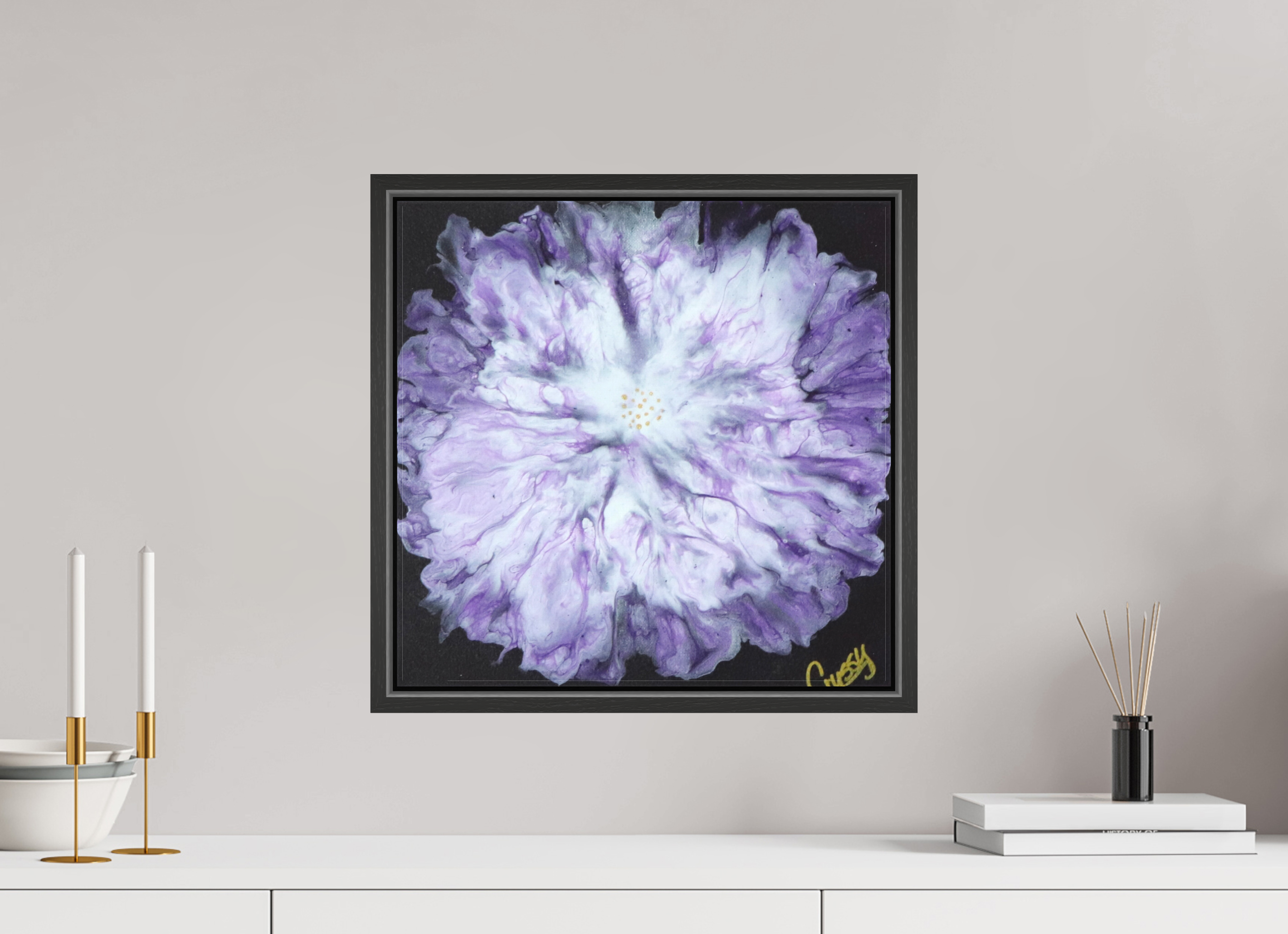 16.3 x 16″, *.7" Matte Canvas with Black Oak Frame Purple Paisley - Original Acrylic Dutch Pour Painting