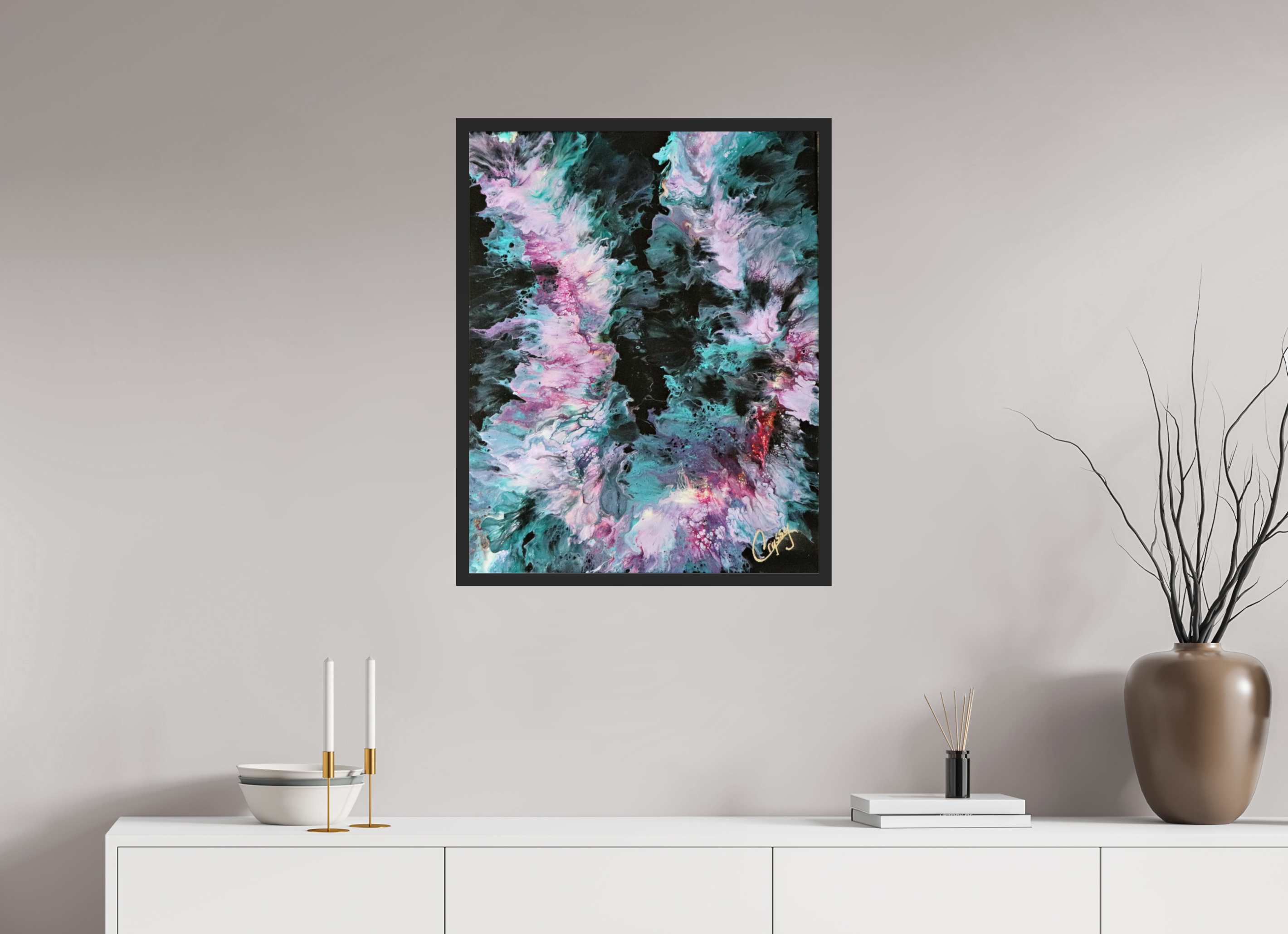 24 x 30.2″, *Photo Print Under Acrylic Glass Black Matte Frame Hawaiian Lei - Original Tropical Acrylic Painting