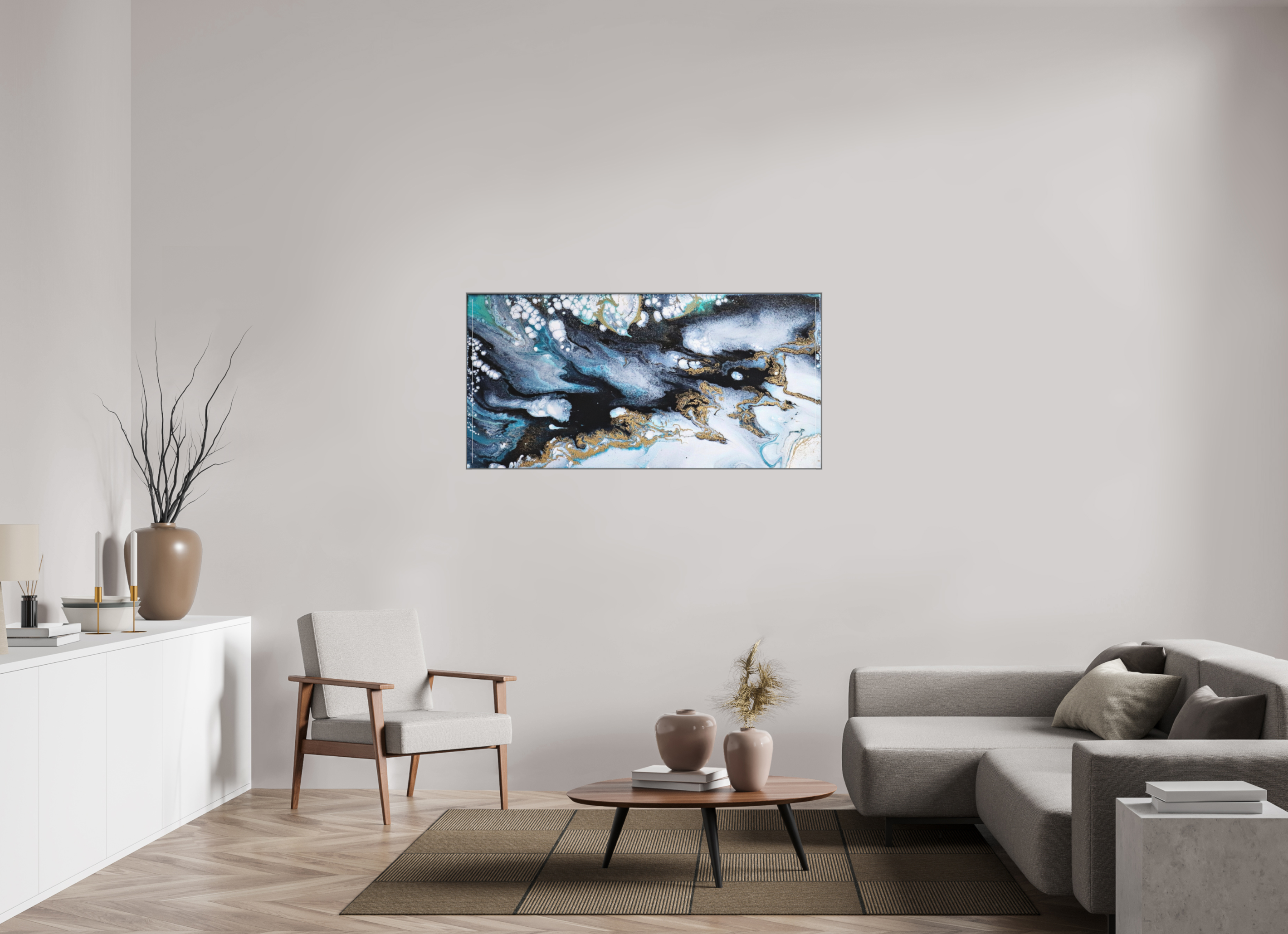 56.7 x 28″, *Aluminum Artbox 1" on fine art paper under acrylic matte glass Ocean Blues - Original Acrylic Tip Pour