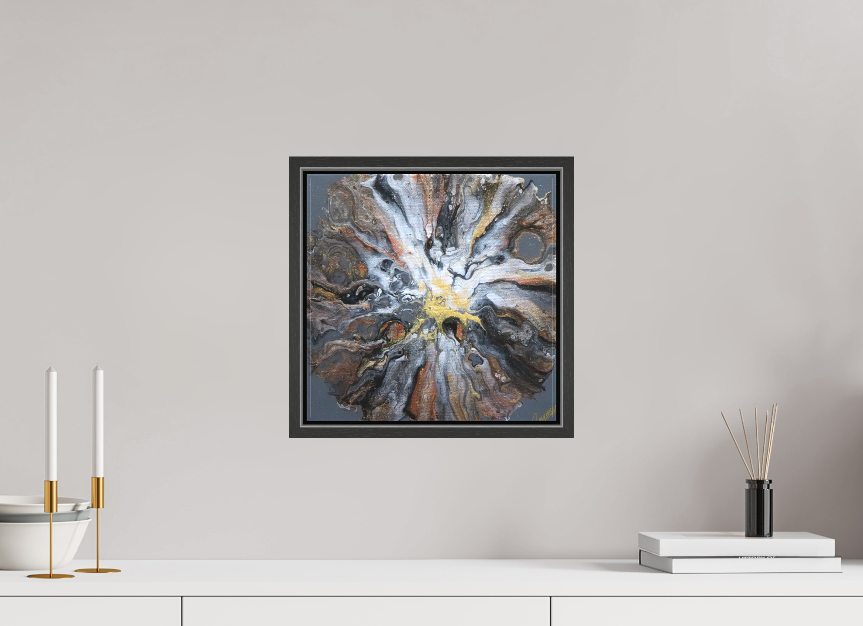 12.2 x 12″, *.7" Matte Canvas with Black Oak Frame copper Bloom