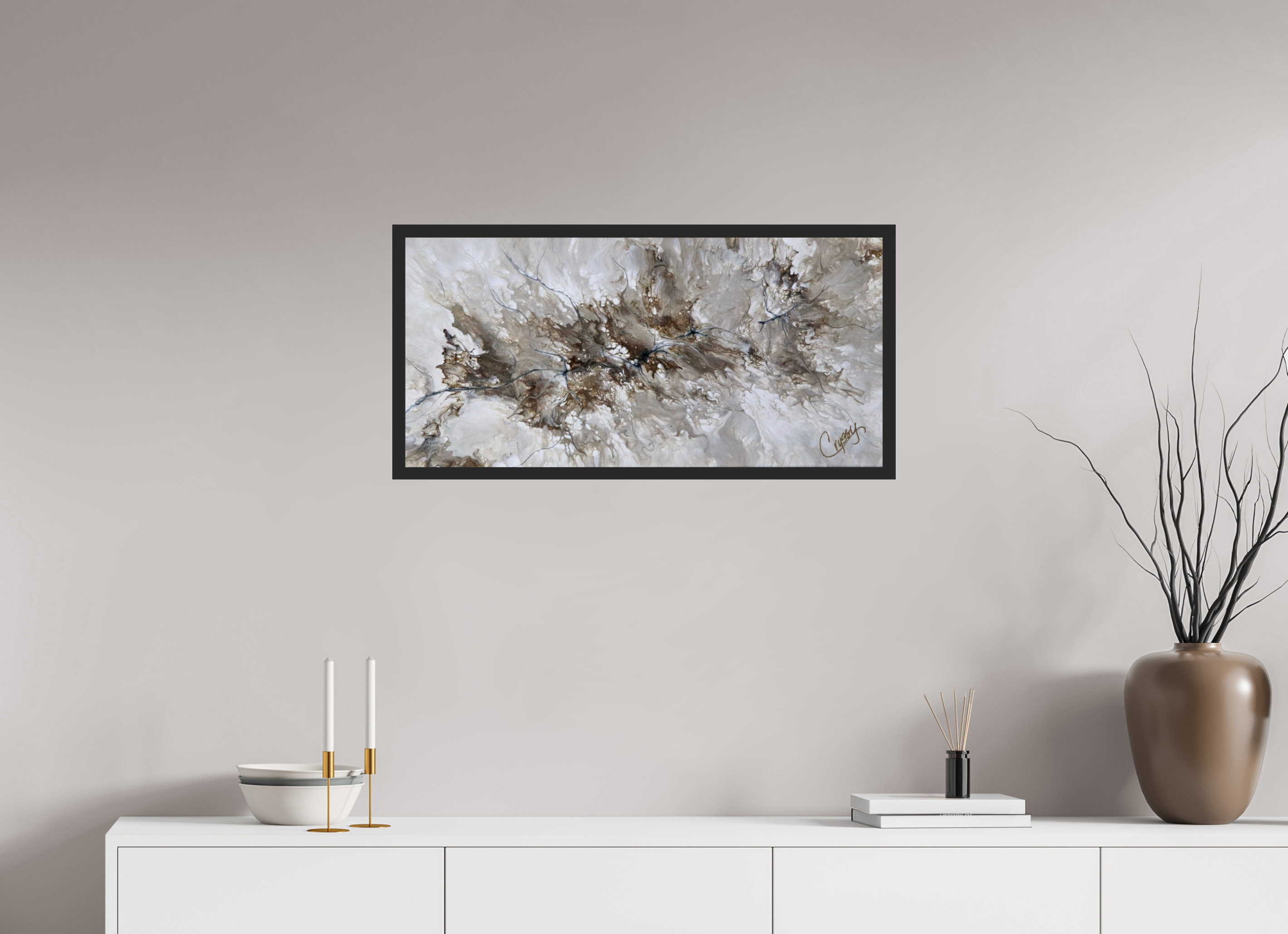 32.6 x 16″, *Photo Print Under Acrylic Glass Black Matte Frame Beige Marble - Original Dutch Pour