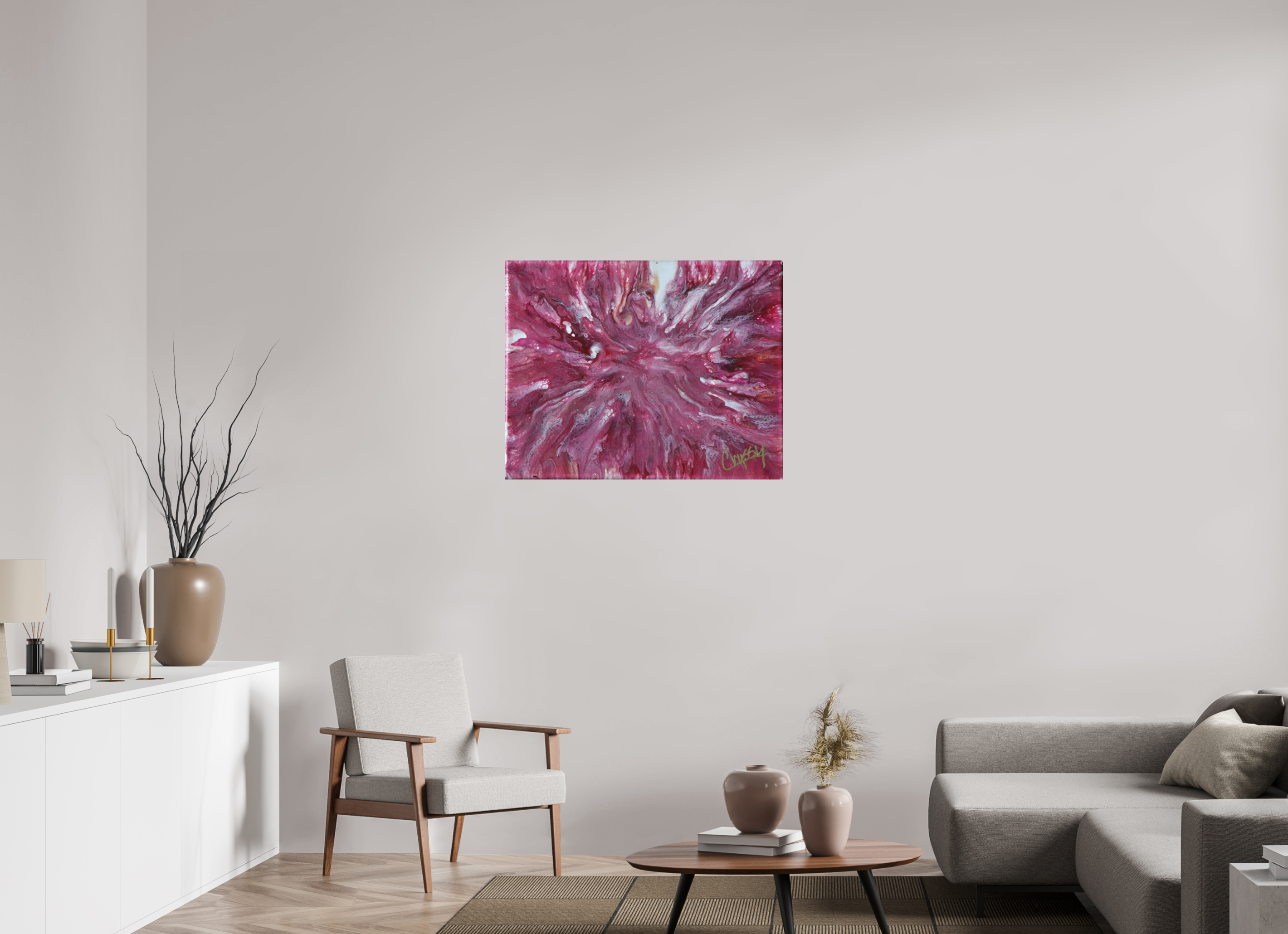 35.5 x 28″, *Photo Print on Fuji Silk with Black Frame Pink Explosion - Original Dutch Pour Acrylic Painting