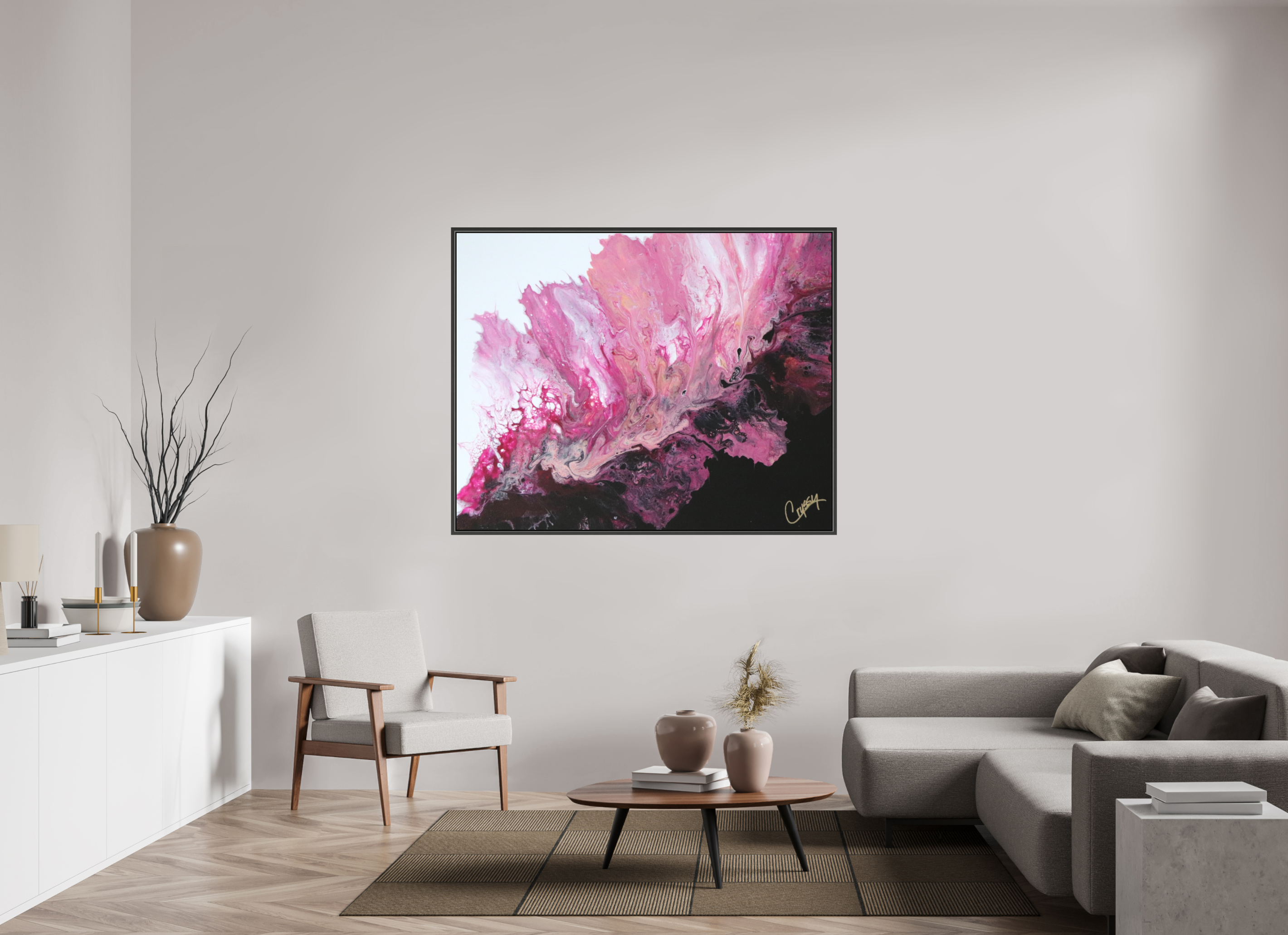 59.6 x 47″, *.7" Matte Canvas with Black Oak Frame Pink Magma - Original Dutch Pour