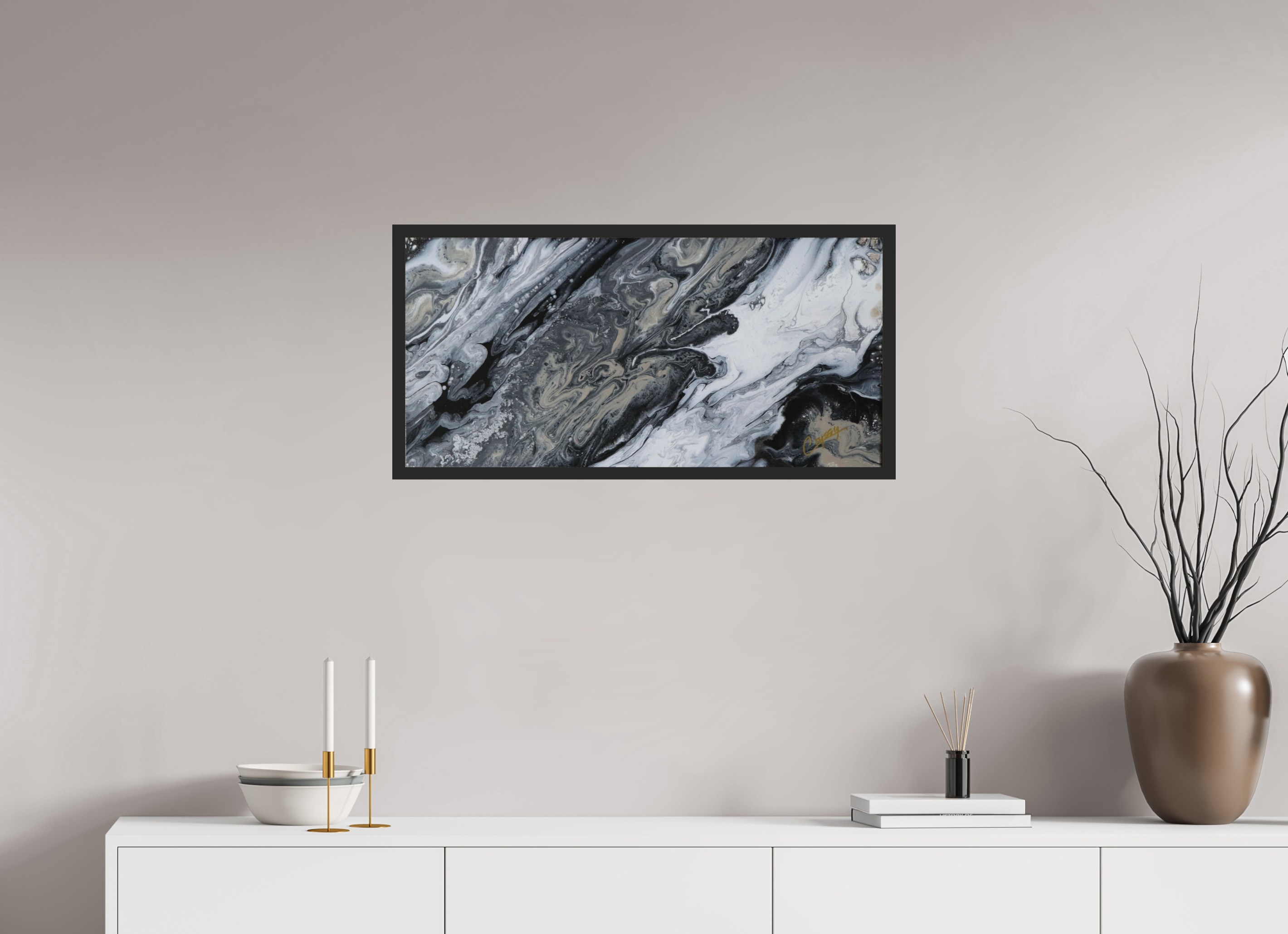 32.6 x 16″, *Photo Print Under Acrylic Glass Black Matte Frame Black Sands - Original Tilt Pour