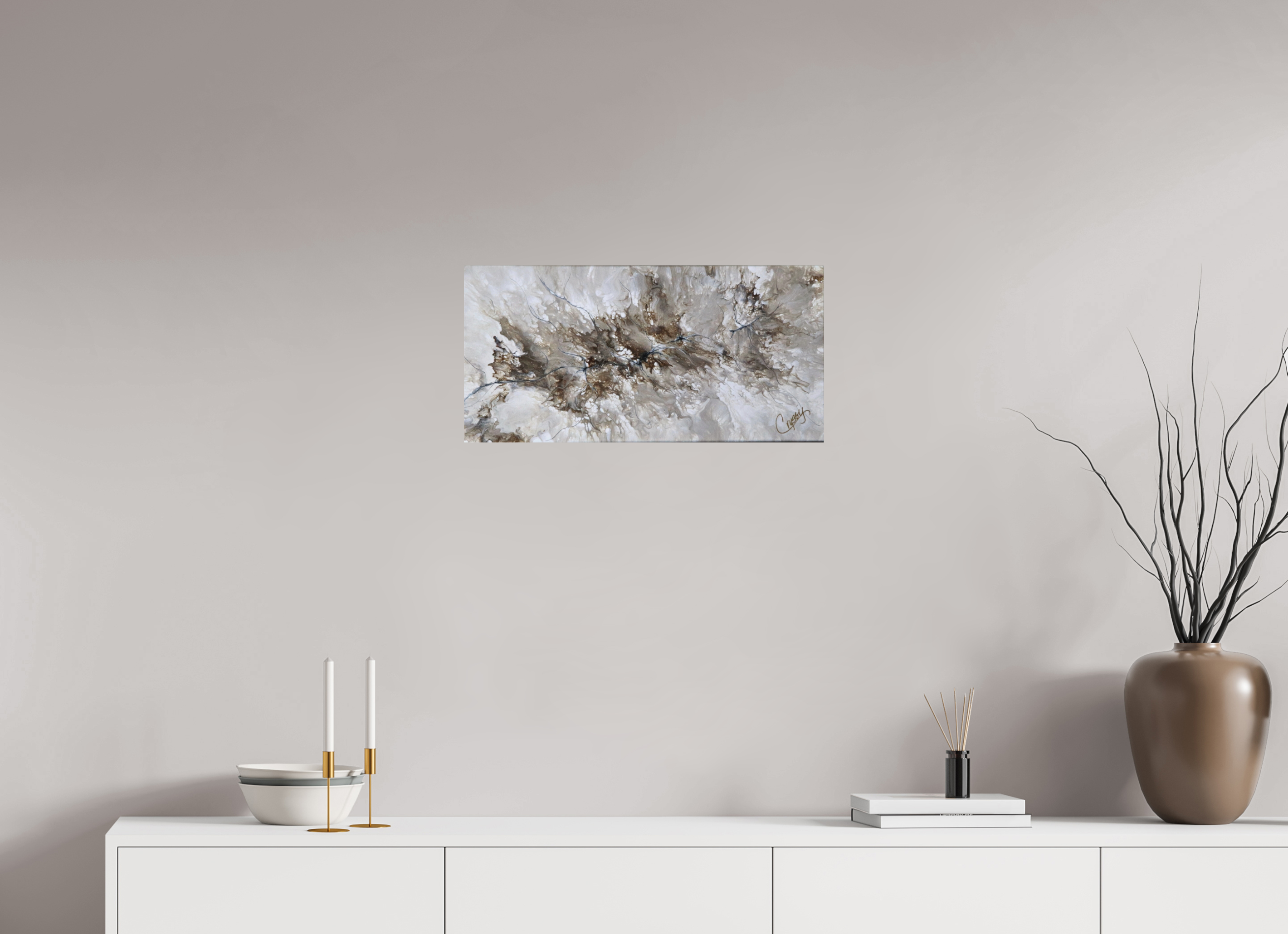 24.4 x 12″, *Photo Print on Fuji Silk with Black Frame Beige Marble - Original Dutch Pour