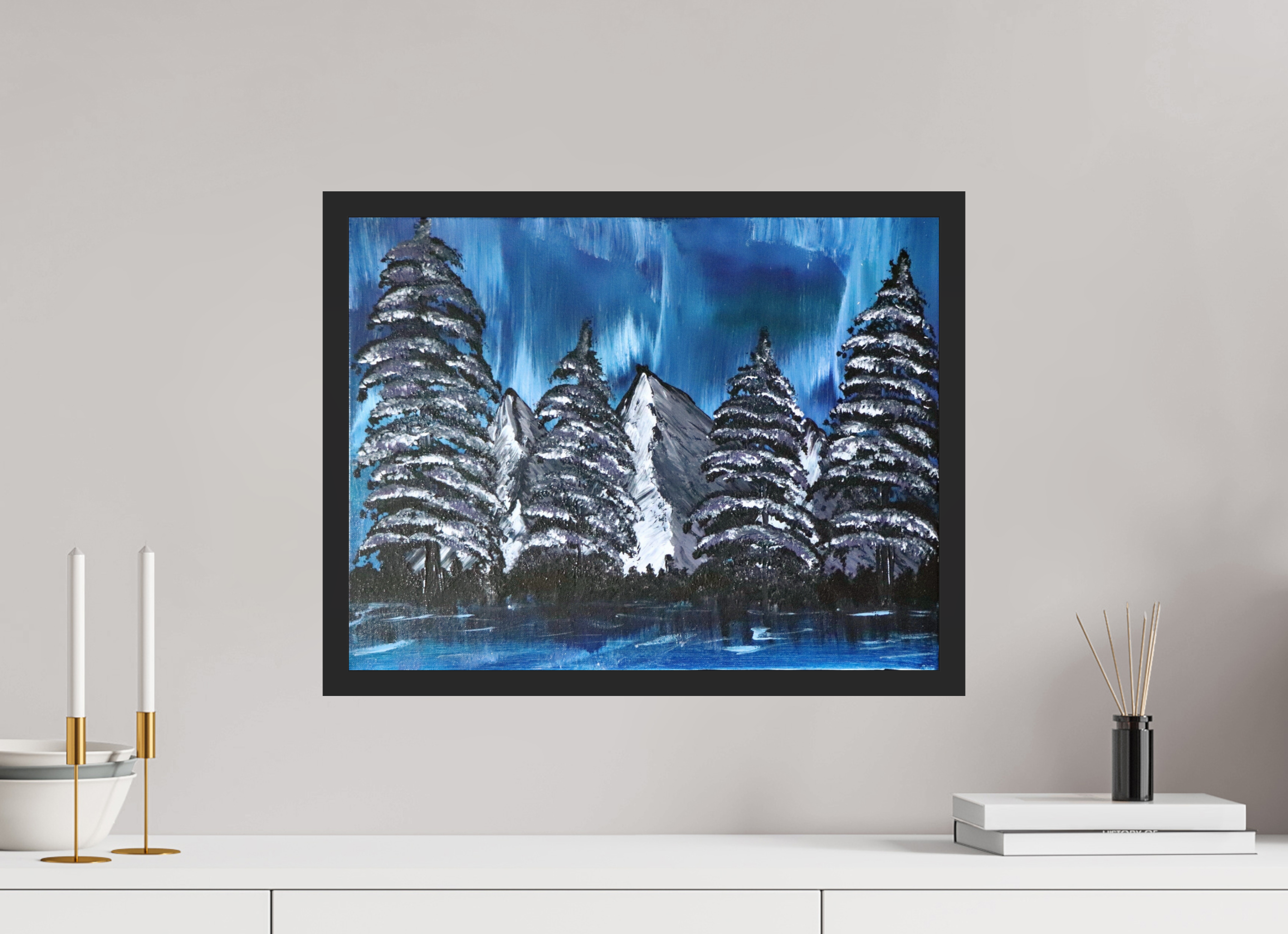 20.6 x 16″, *Photo Print Under Acrylic Glass Black Matte Frame Blue Borealis - Original Acrylic Landscape Painting