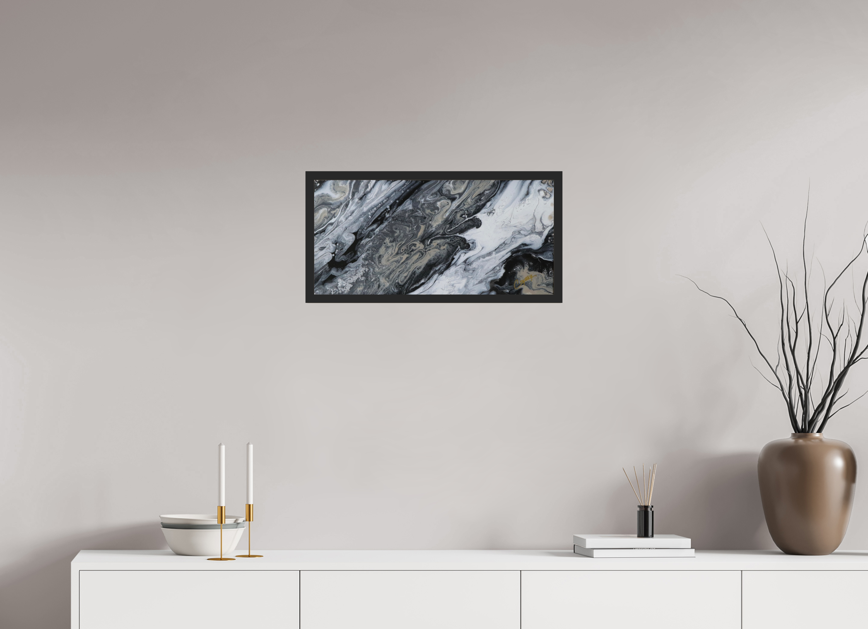 24.4 x 12″, *Photo Print Under Acrylic Glass Black Matte Frame Black Sands - Original Tilt Pour