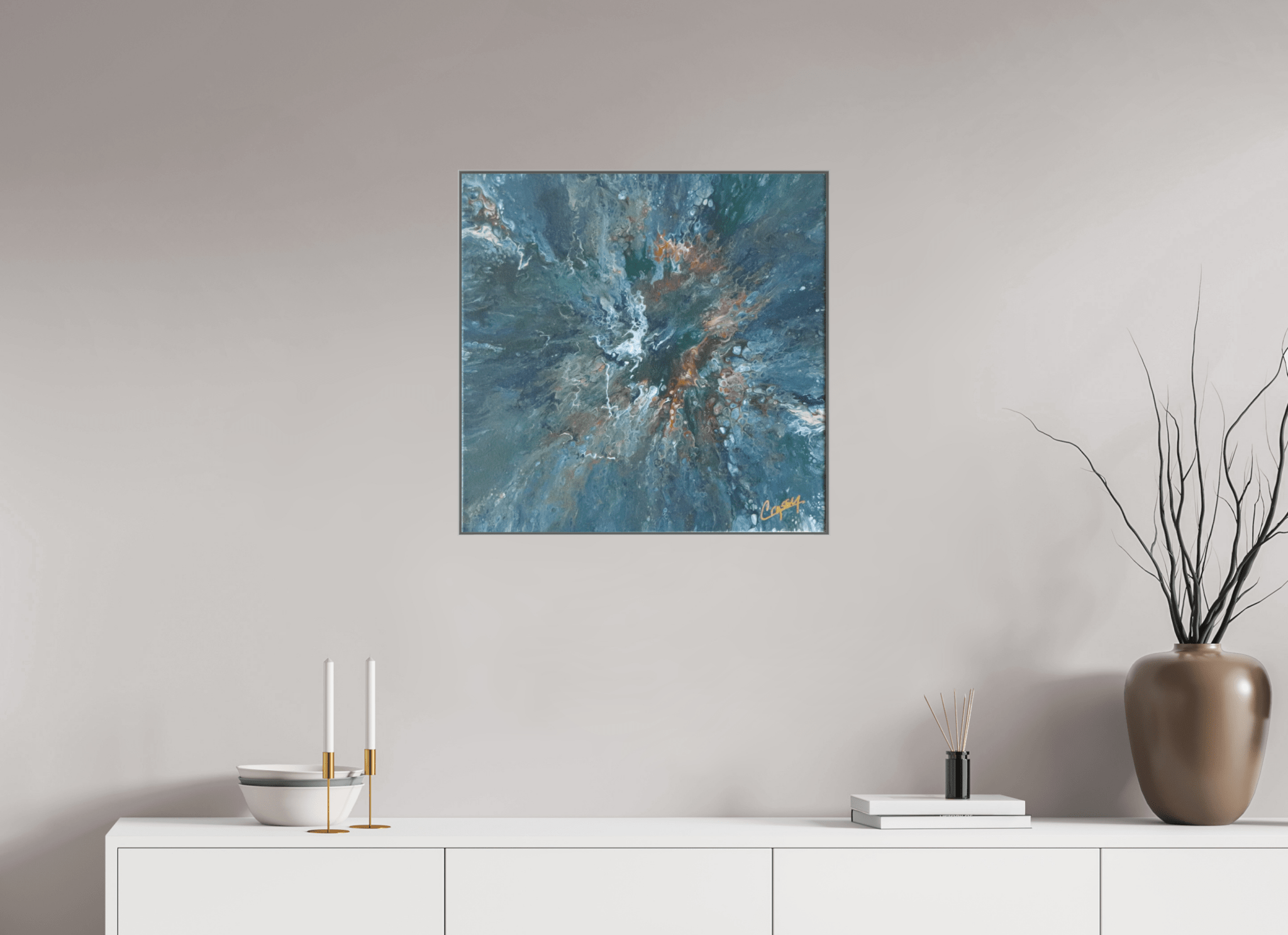 Teal Flux - Original Tilt Pour Painting - The Living Abstract