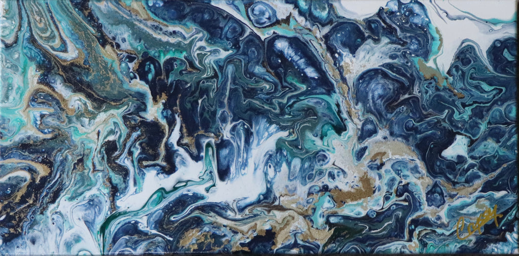 Original abstract pour painting titled "Above the Storm" by The Living Abstract, featuring vibrant, flowing acrylic art on canvas.