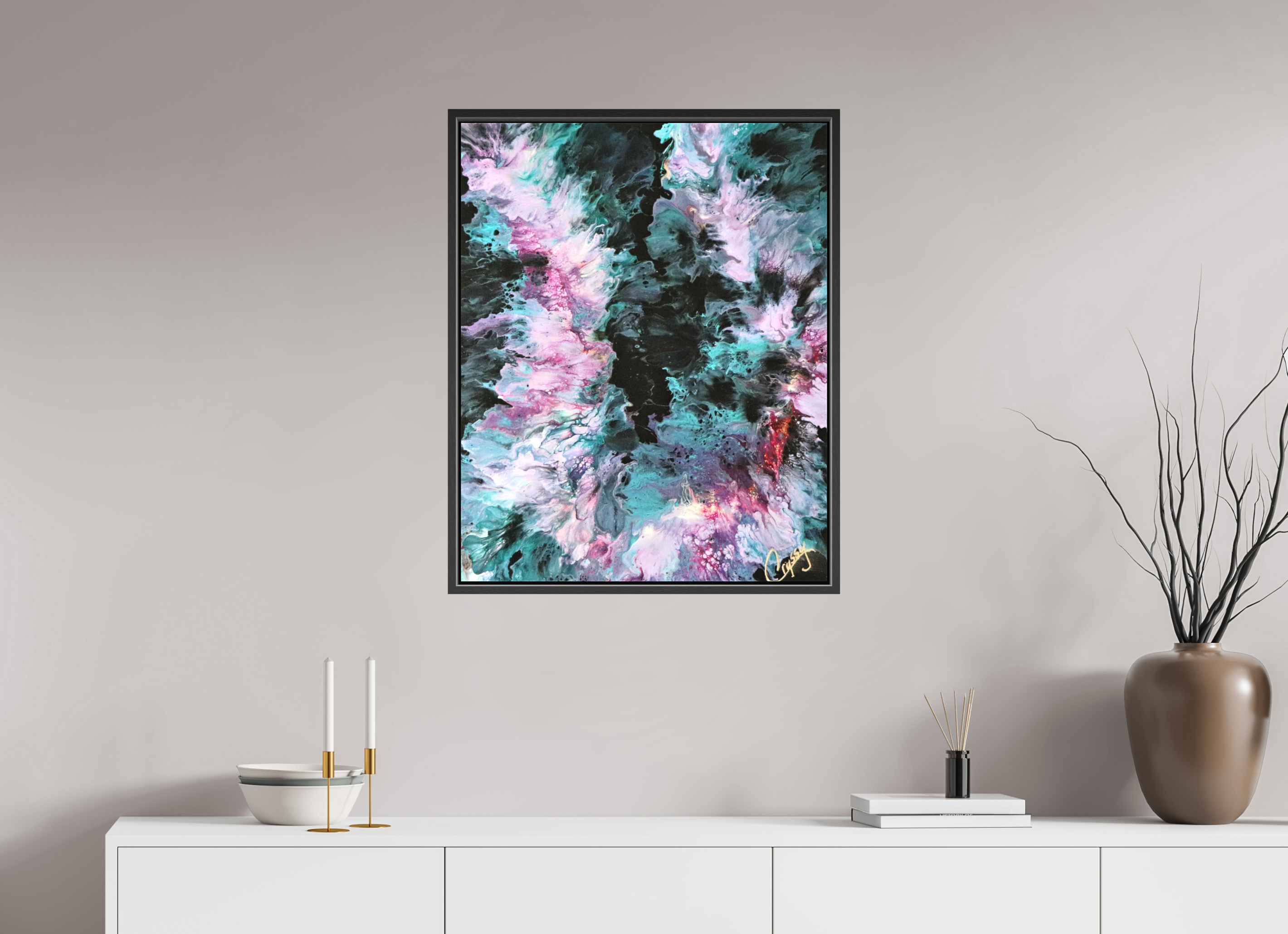 24 x 30.2″, *.7" Matte Canvas with Black Oak Frame Hawaiian Lei - Original Tropical Acrylic Painting