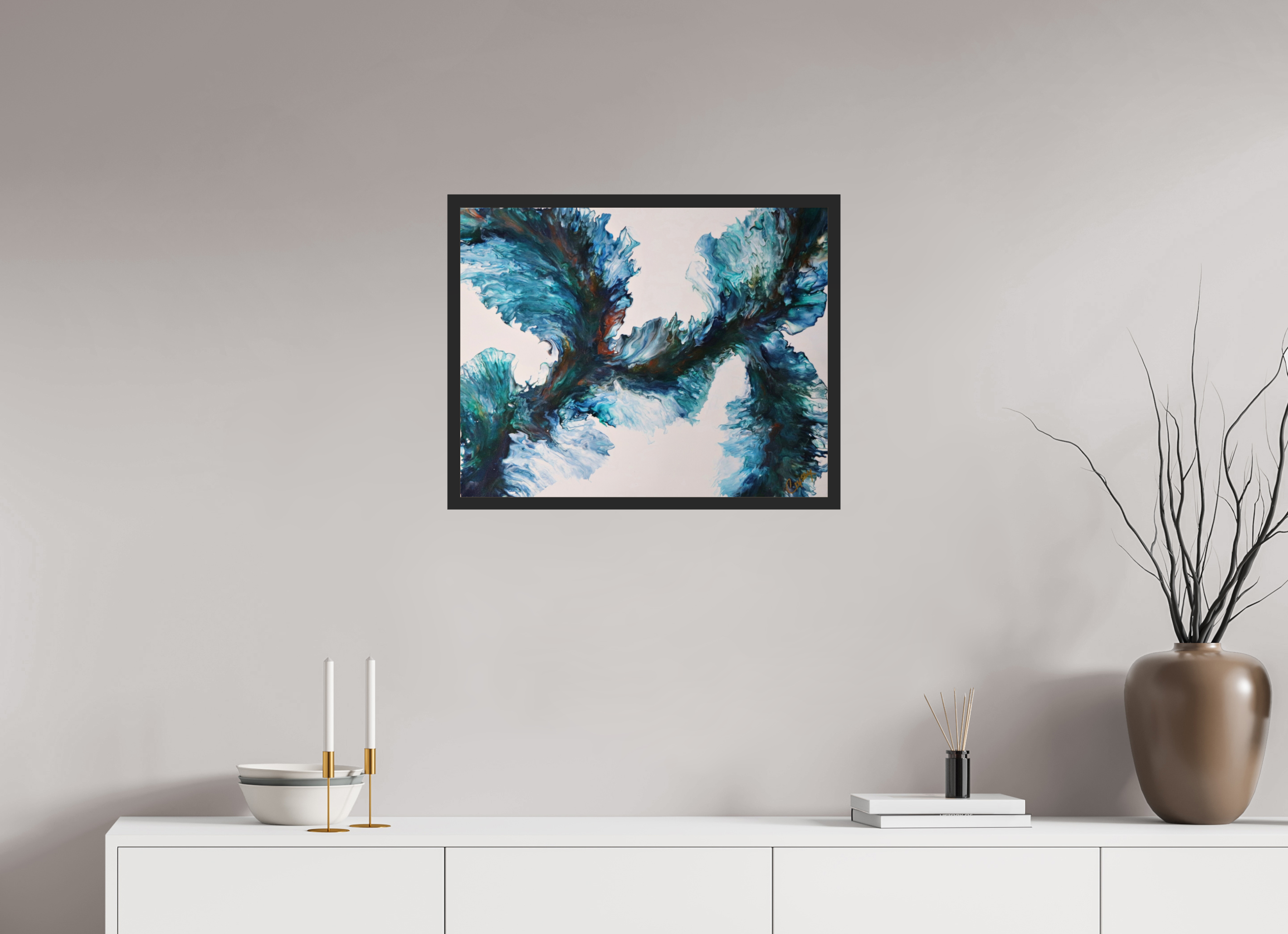 25.2 x 20″, *Photo Print Under Acrylic Glass Black Matte Frame River Blues - Original Dutch Pour Painting