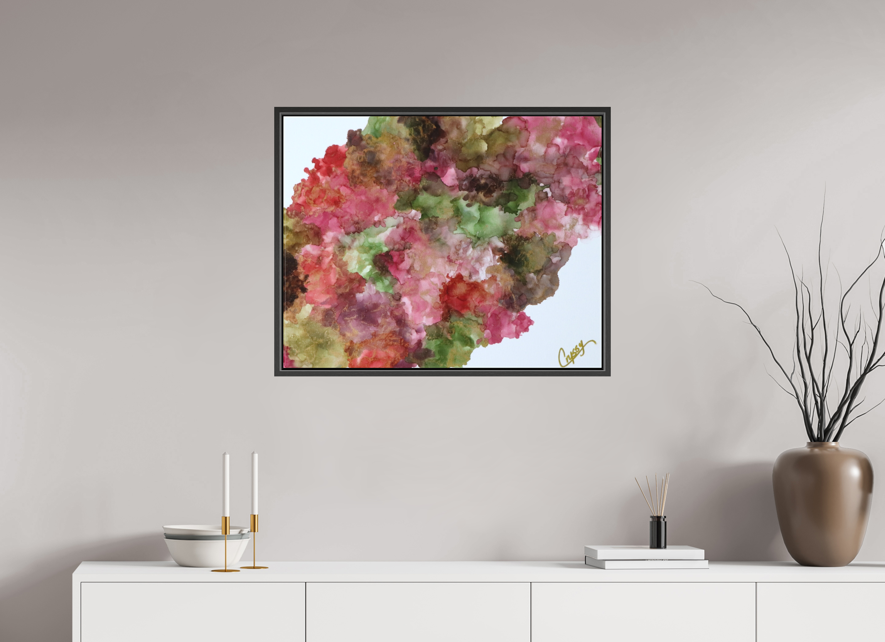 30.5 x 24″, *.7" Matte Canvas with Black Oak Frame Floral Density