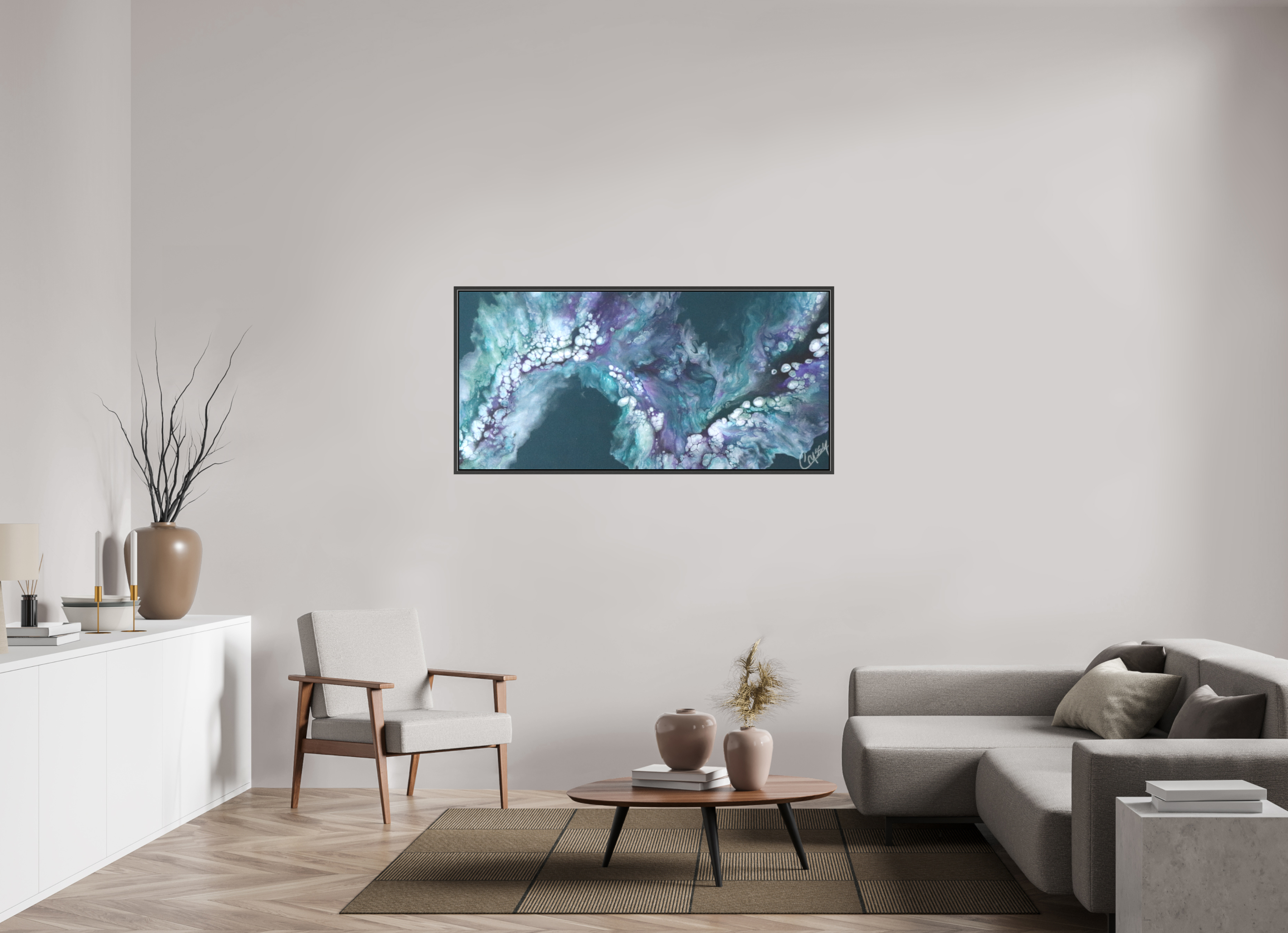 58.7 x 28″, *.7" Matte Canvas with Black Oak Frame Teal Tidal Wave