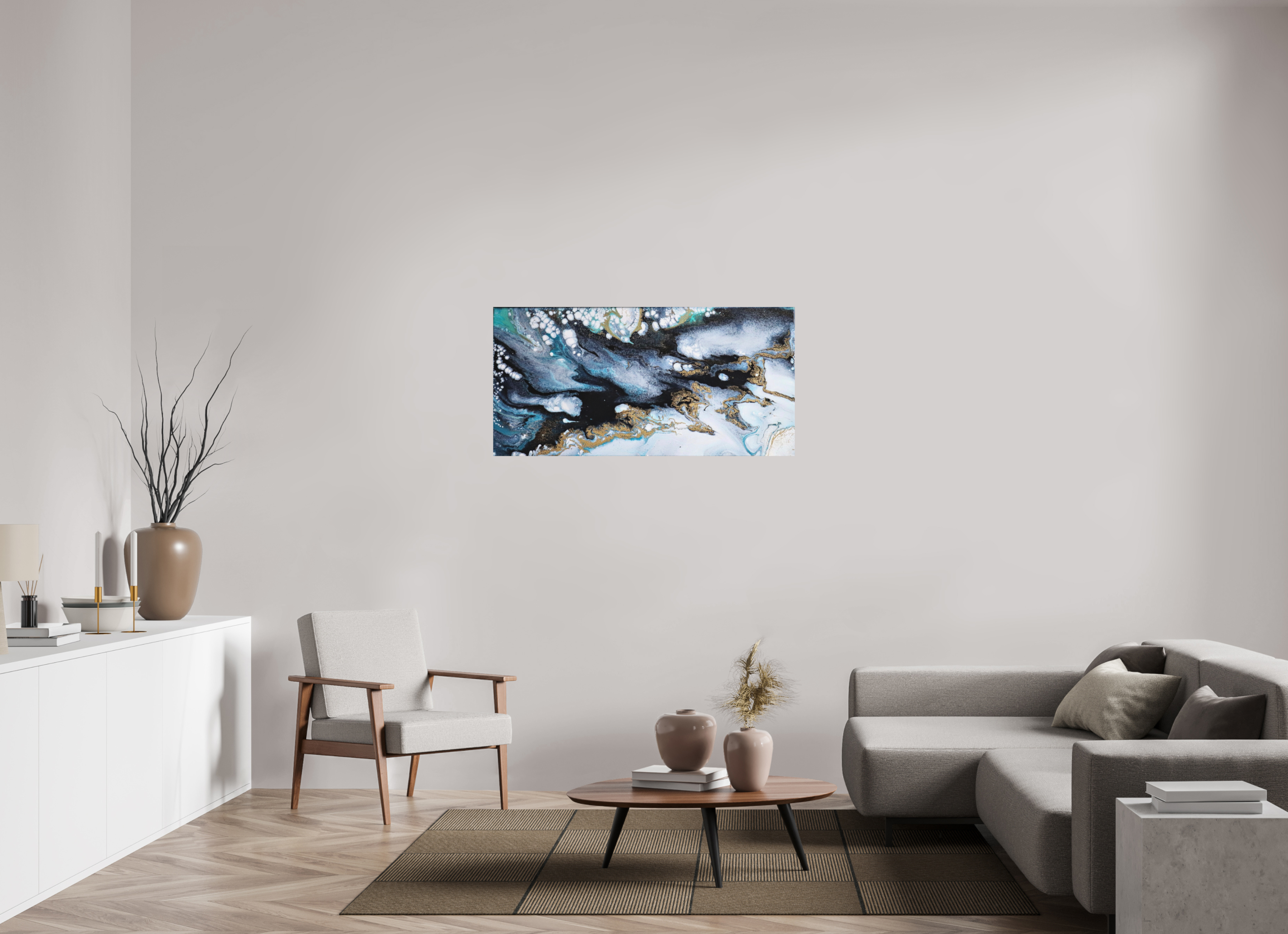 48.6 x 24″, *Photo Print on Fuji Silk with Black Frame Ocean Blues - Original Acrylic Tip Pour