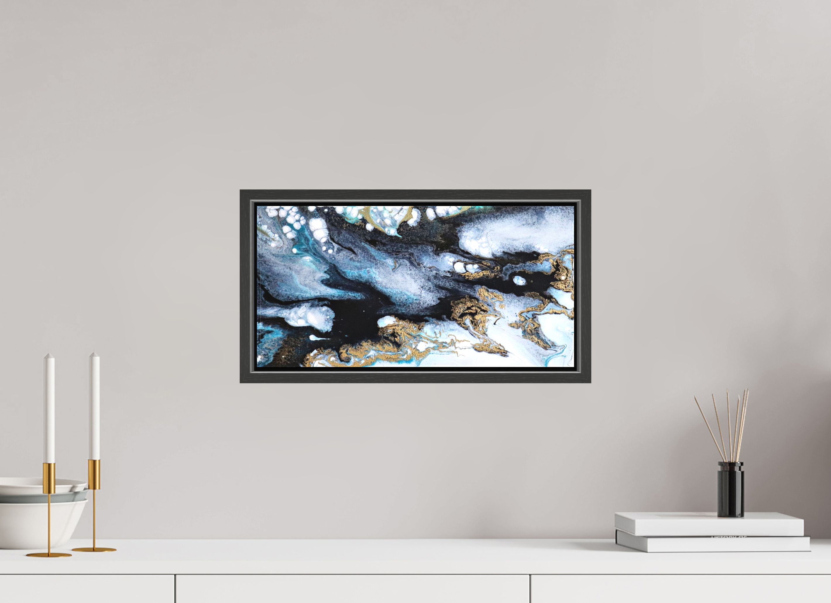 16.2 x 8″, *.7" Matte Canvas with Black Oak Frame Ocean Blues - Original Acrylic Tip Pour